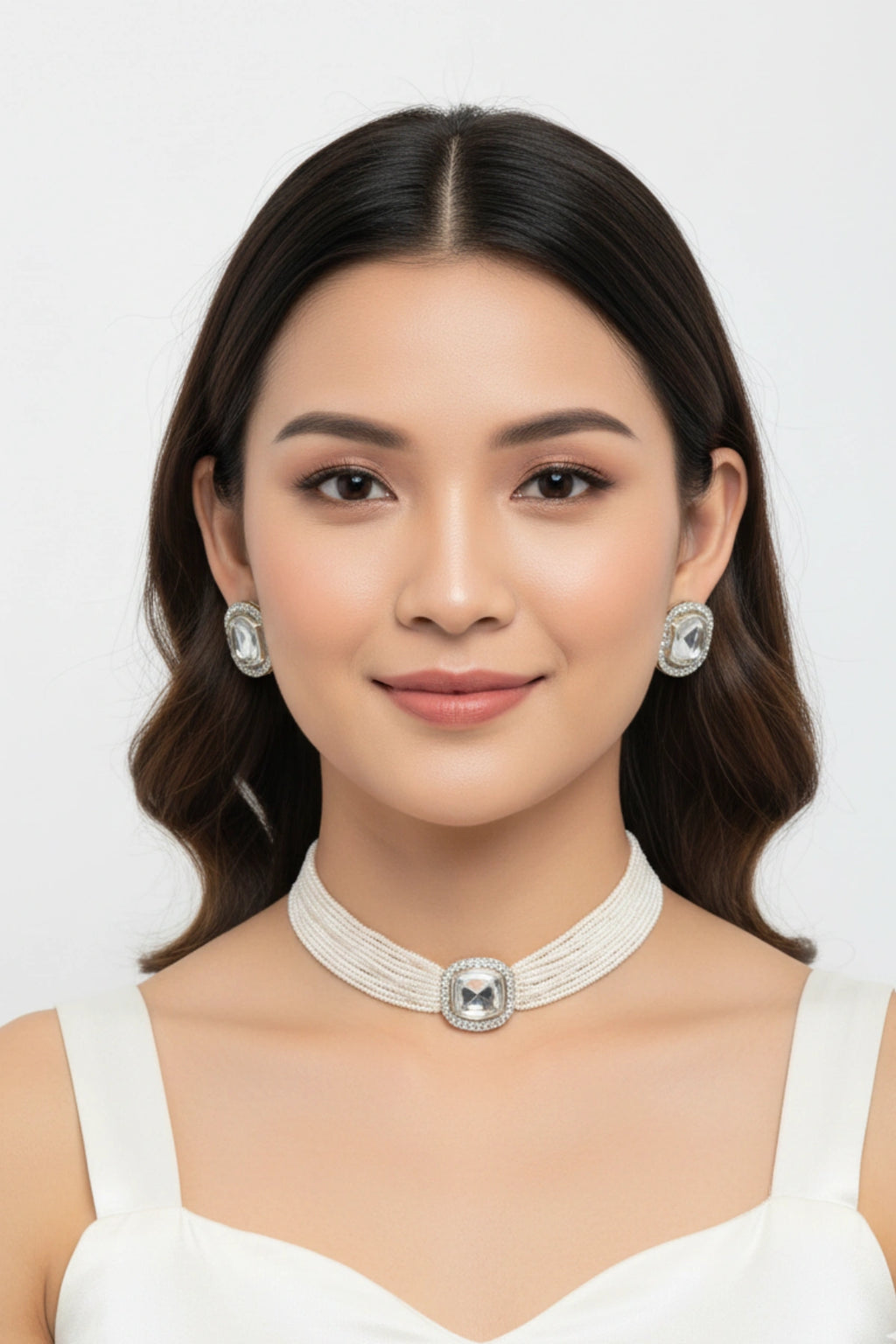 (NL-10) Graceful Pearl Strand Choker with Mirror Charm