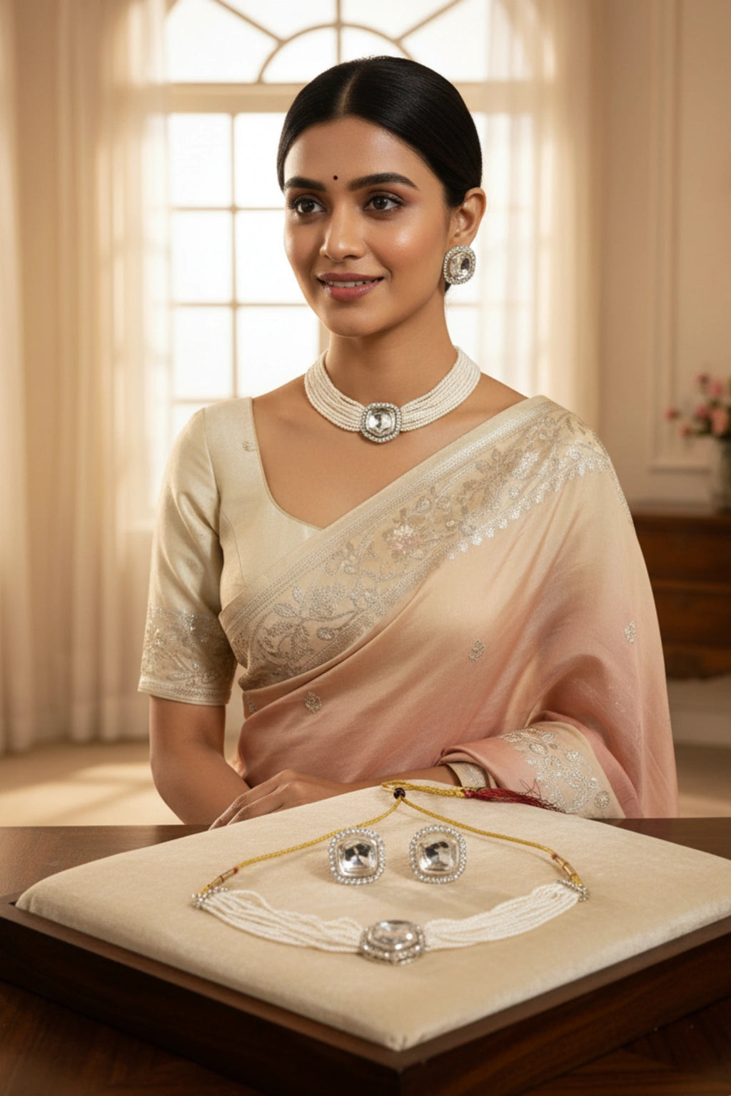 (NL-10) Graceful Pearl Strand Choker with Mirror Charm