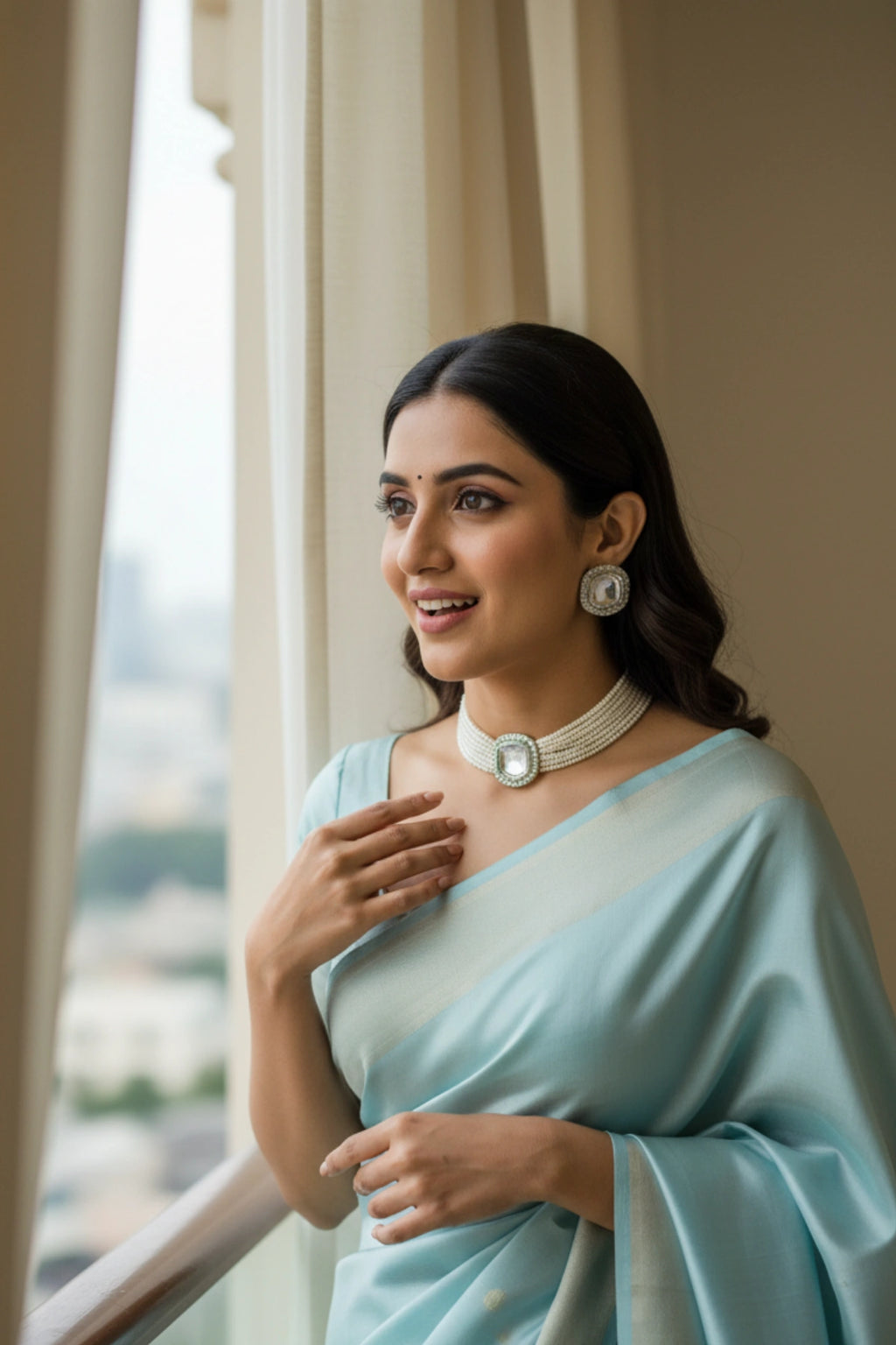 (NL-10) Graceful Pearl Strand Choker with Mirror Charm