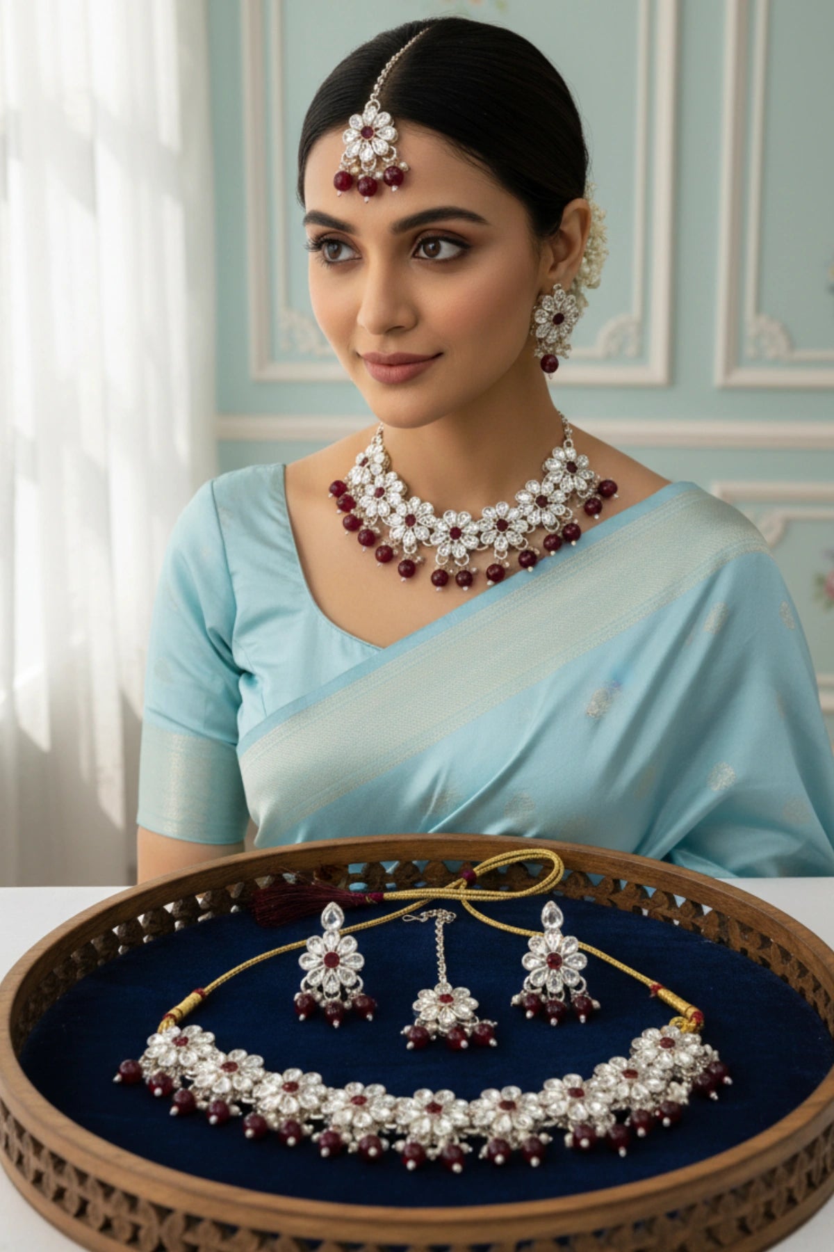 (NL-16) Radiant Kundan Blossom Necklace Set with Color Beads