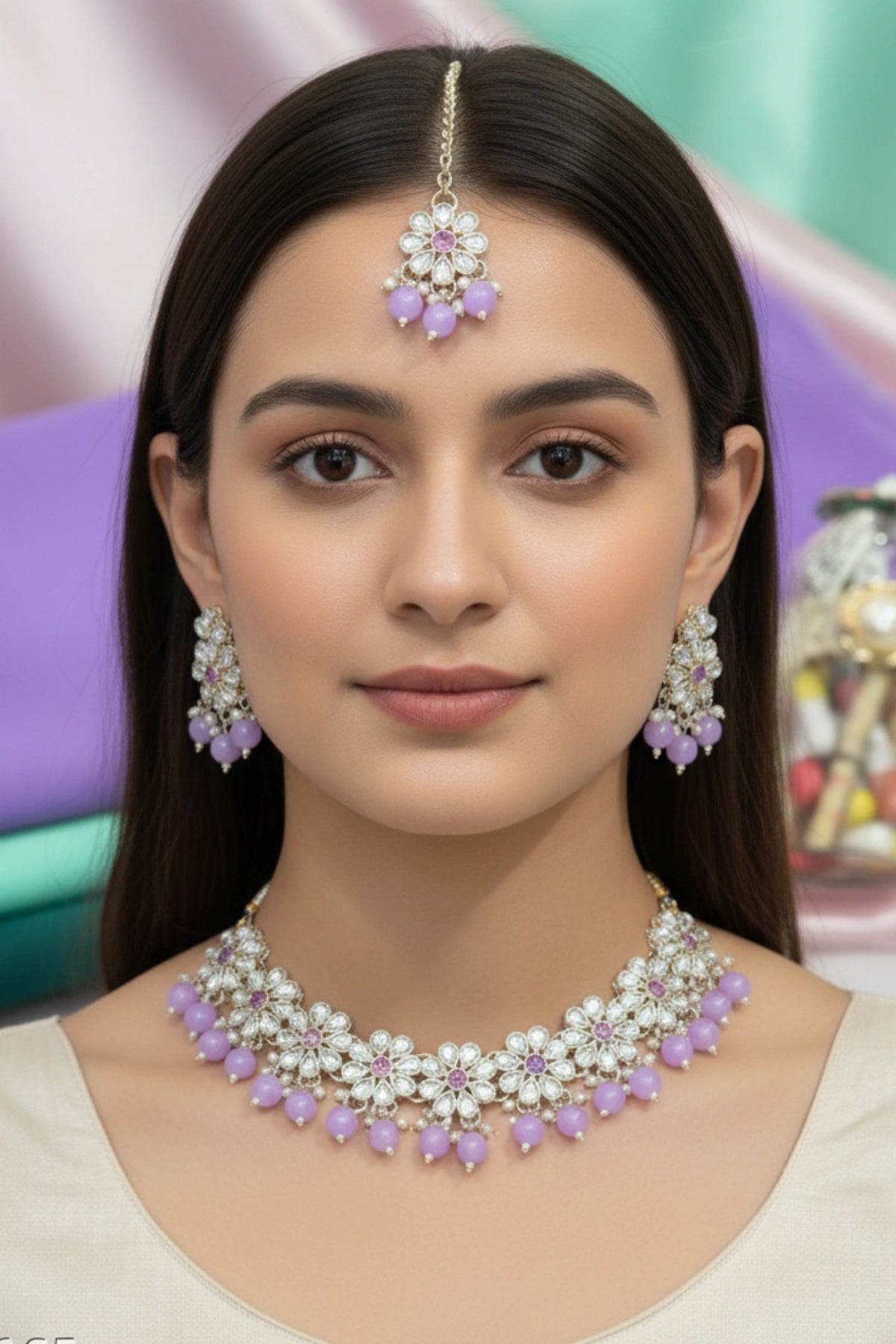 (NL-16) Radiant Kundan Blossom Necklace Set with Color Beads