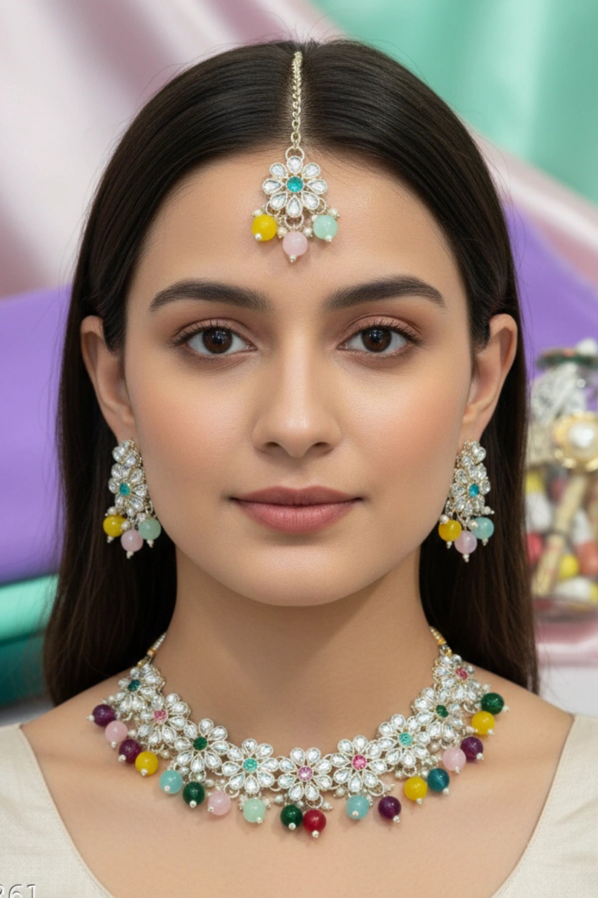 (NL-16) Radiant Kundan Blossom Necklace Set with Color Beads