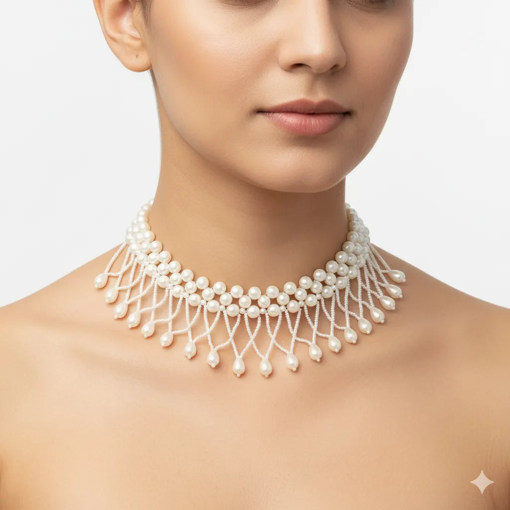 Royal Teardrop Pearl Net Choker Necklace
