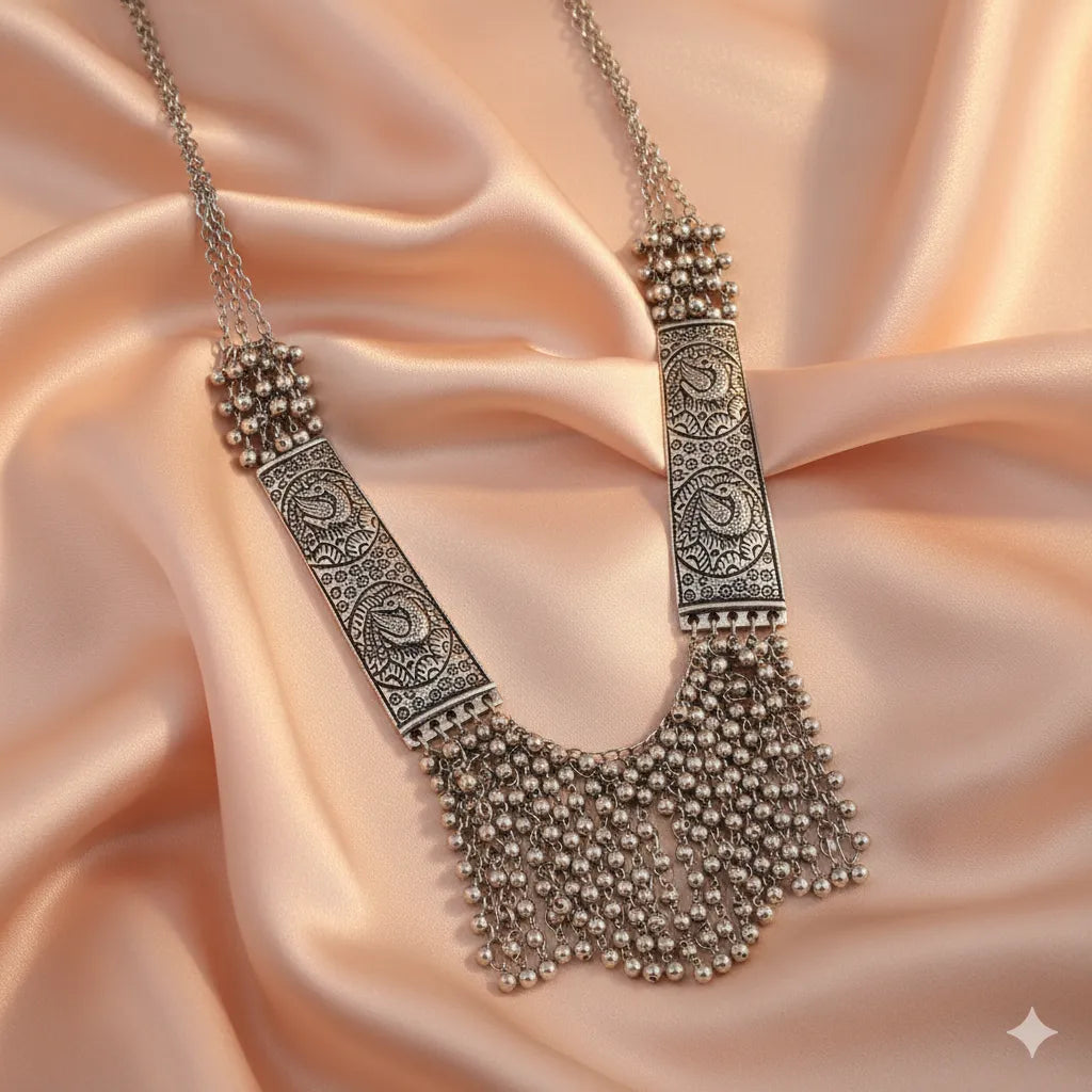 Regal Noor Oxidised Long Temple Necklace