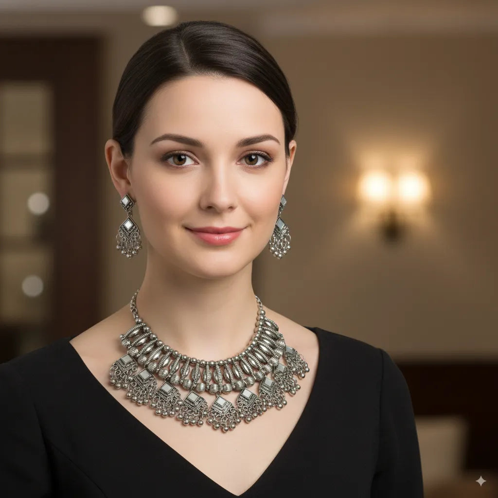 Regal Heritage Oxidised Silver Necklace Set