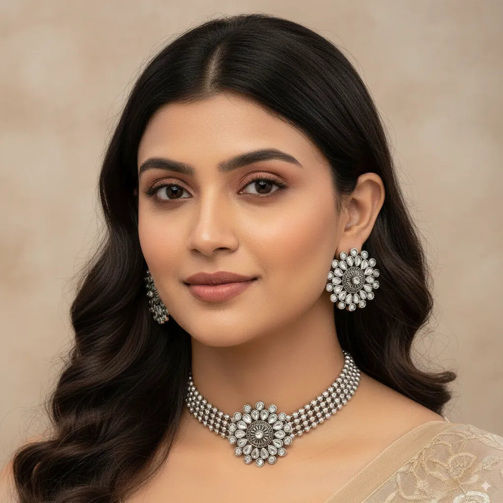 Radiant Blossom Silver Kundan Choker Set