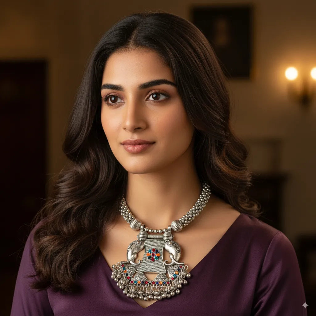 Regal Elephant Motif Oxidised Silver Necklace