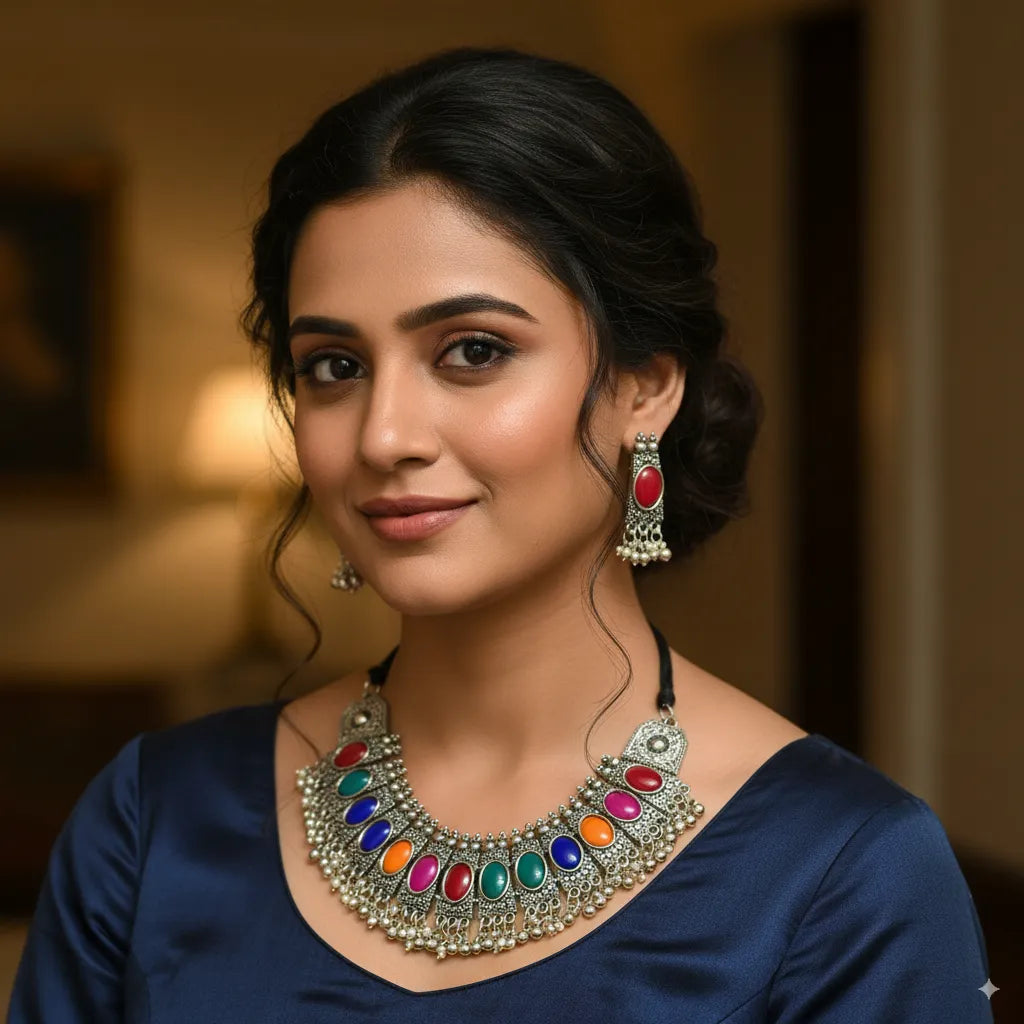 Royal Navratan Charm Silver Necklace Set