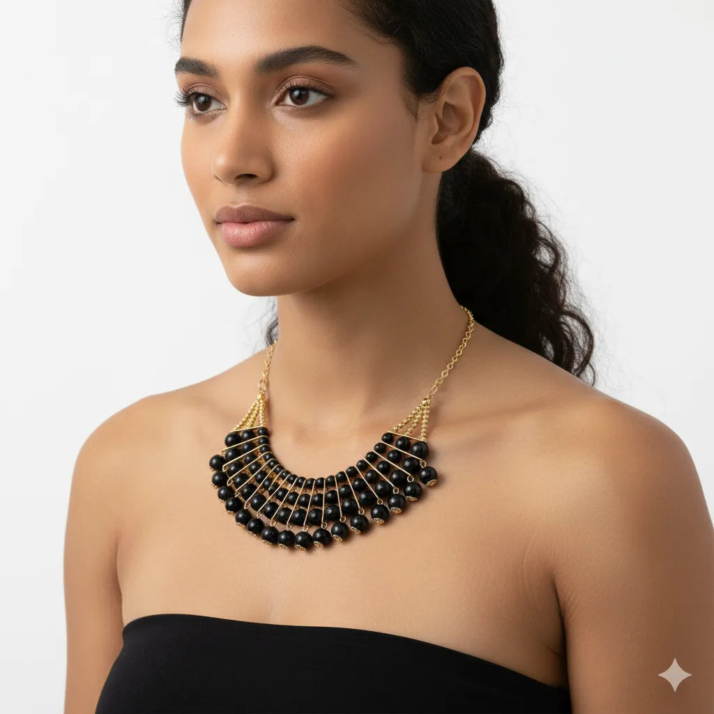 Midnight Radiance Black Beaded Statement Necklace