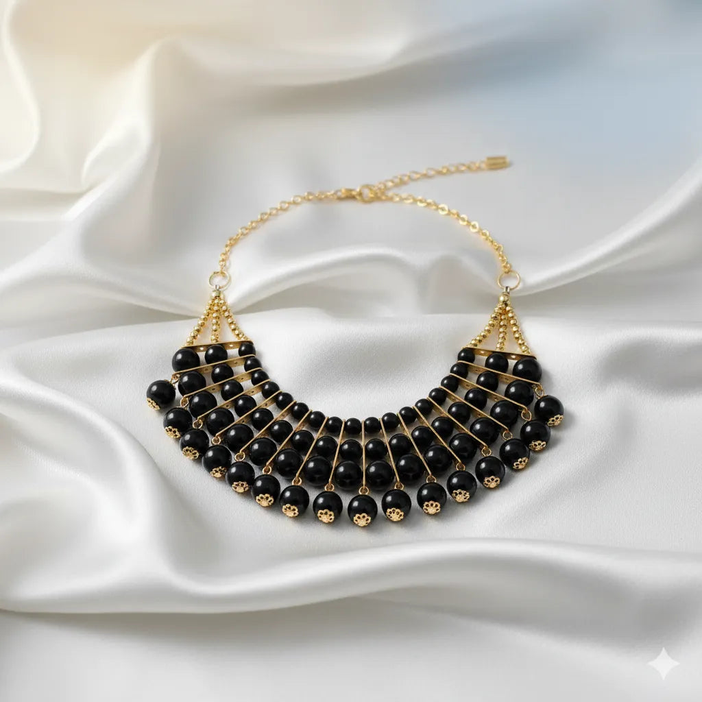 Midnight Radiance Black Beaded Statement Necklace