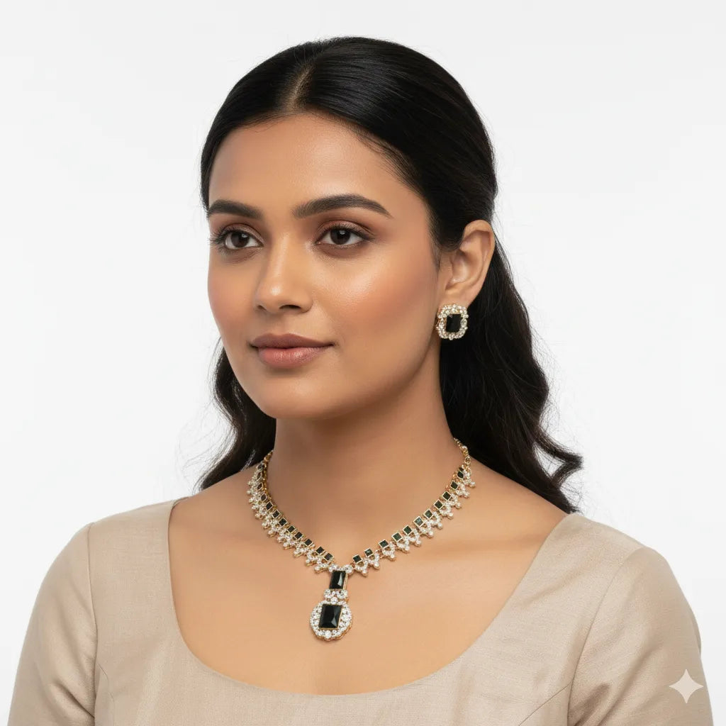 Midnight Grace Black Stone Diamond Necklace Set