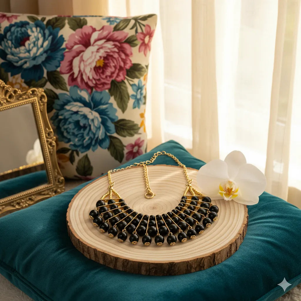 Midnight Radiance Black Beaded Statement Necklace
