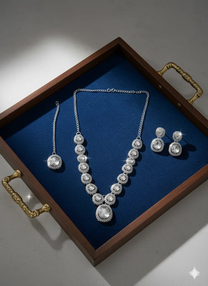 Celestial Sparkle Silver Polki Necklace Set