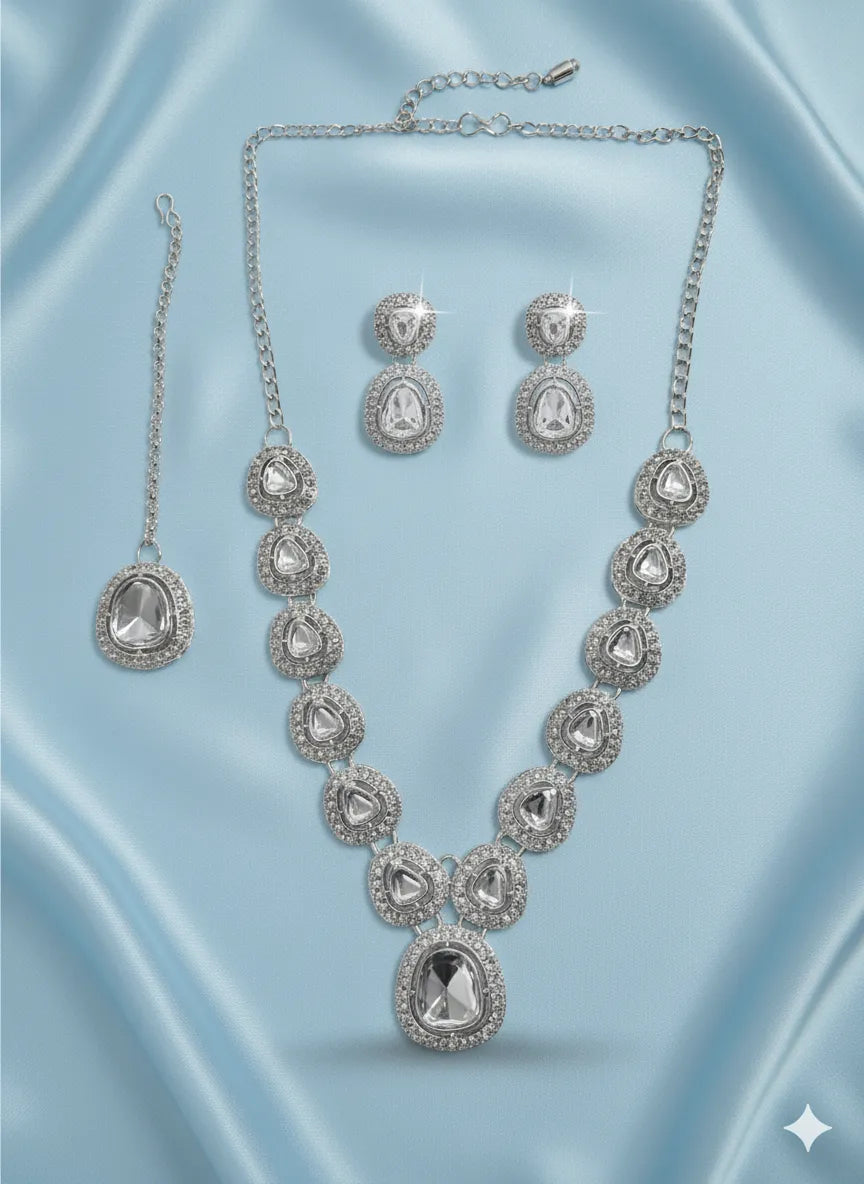 Celestial Sparkle Silver Polki Necklace Set