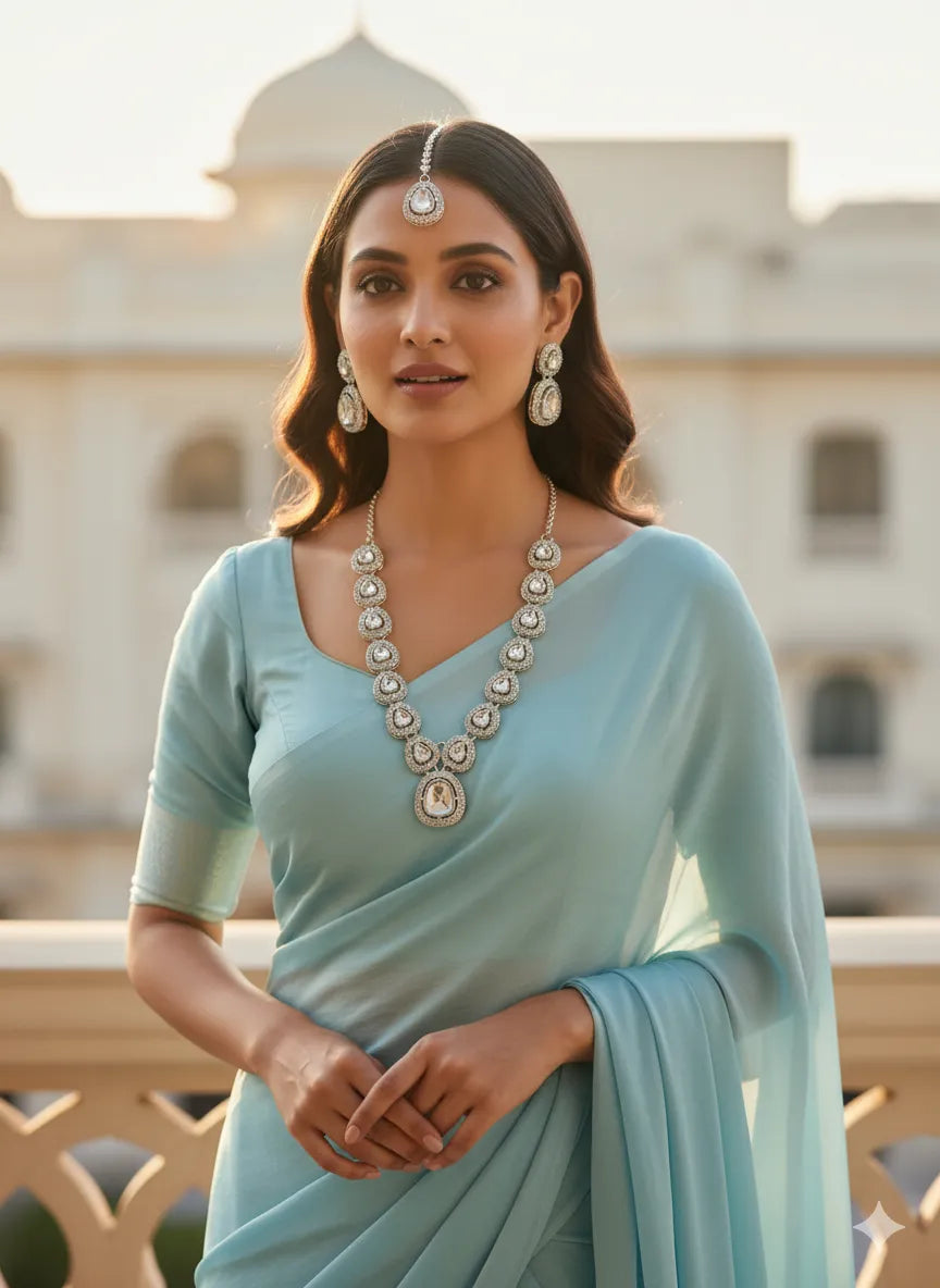 Celestial Sparkle Silver Polki Necklace Set