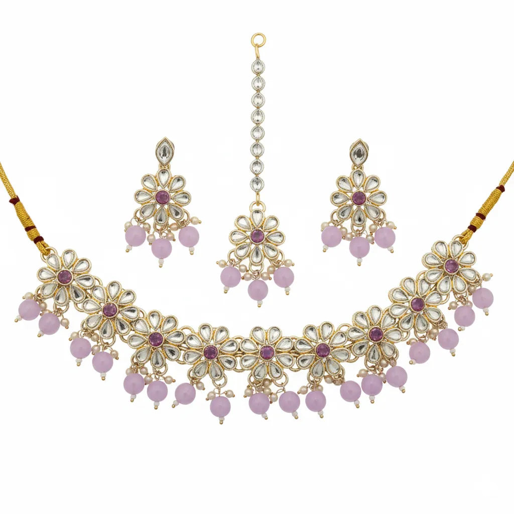 Radiant Kundan Blossom Necklace Set with Color Beads