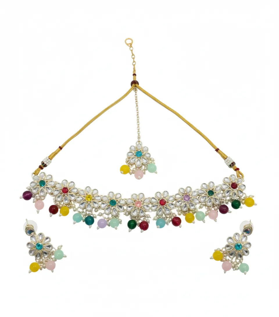 Radiant Kundan Blossom Necklace Set with Color Beads