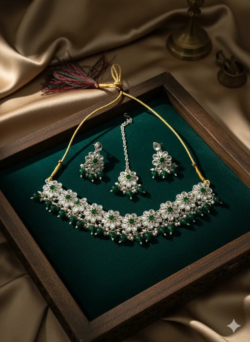 Radiant Kundan Blossom Necklace Set with Color Beads