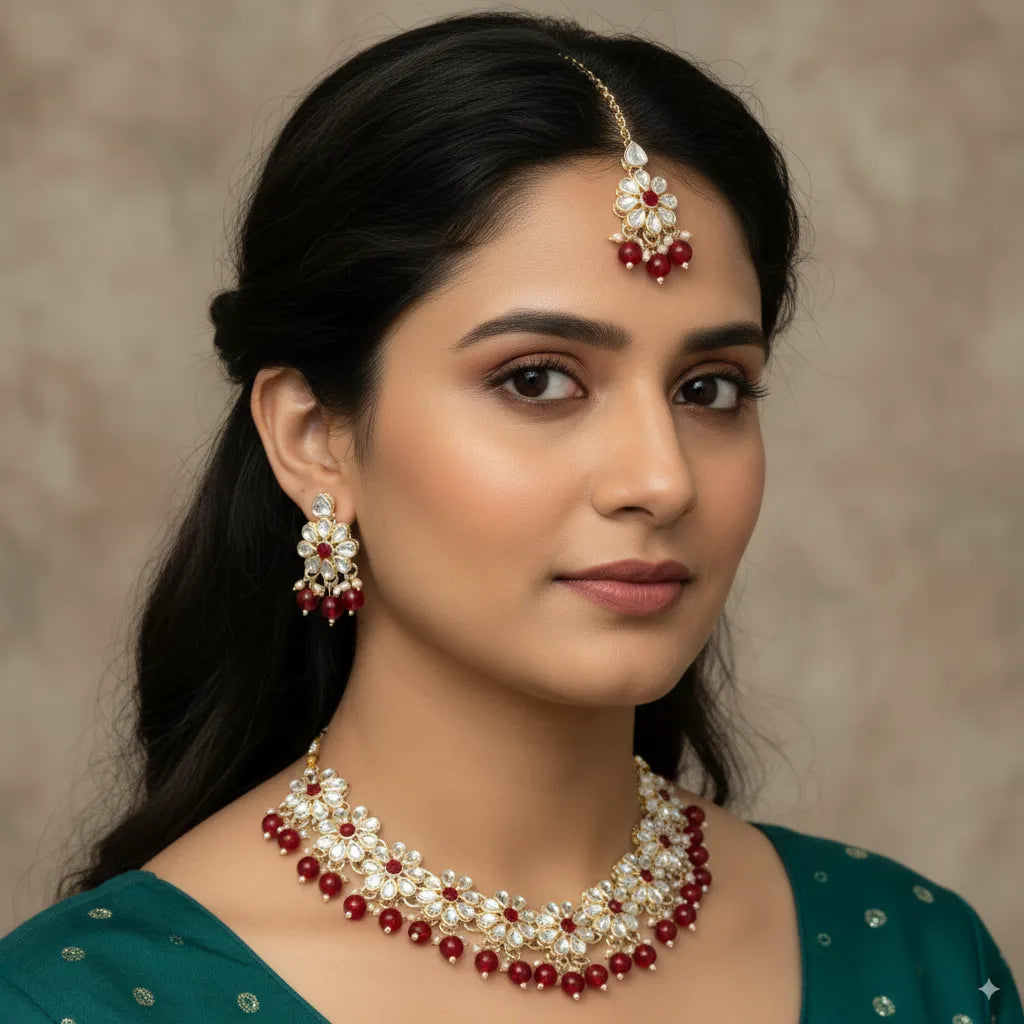 Radiant Kundan Blossom Necklace Set with Color Beads