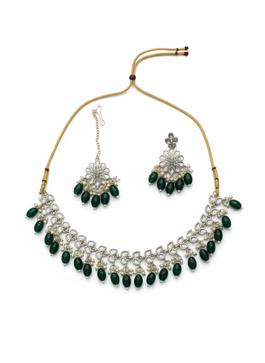 Emerald Radiance Kundan Necklace Set with Maang Tikka