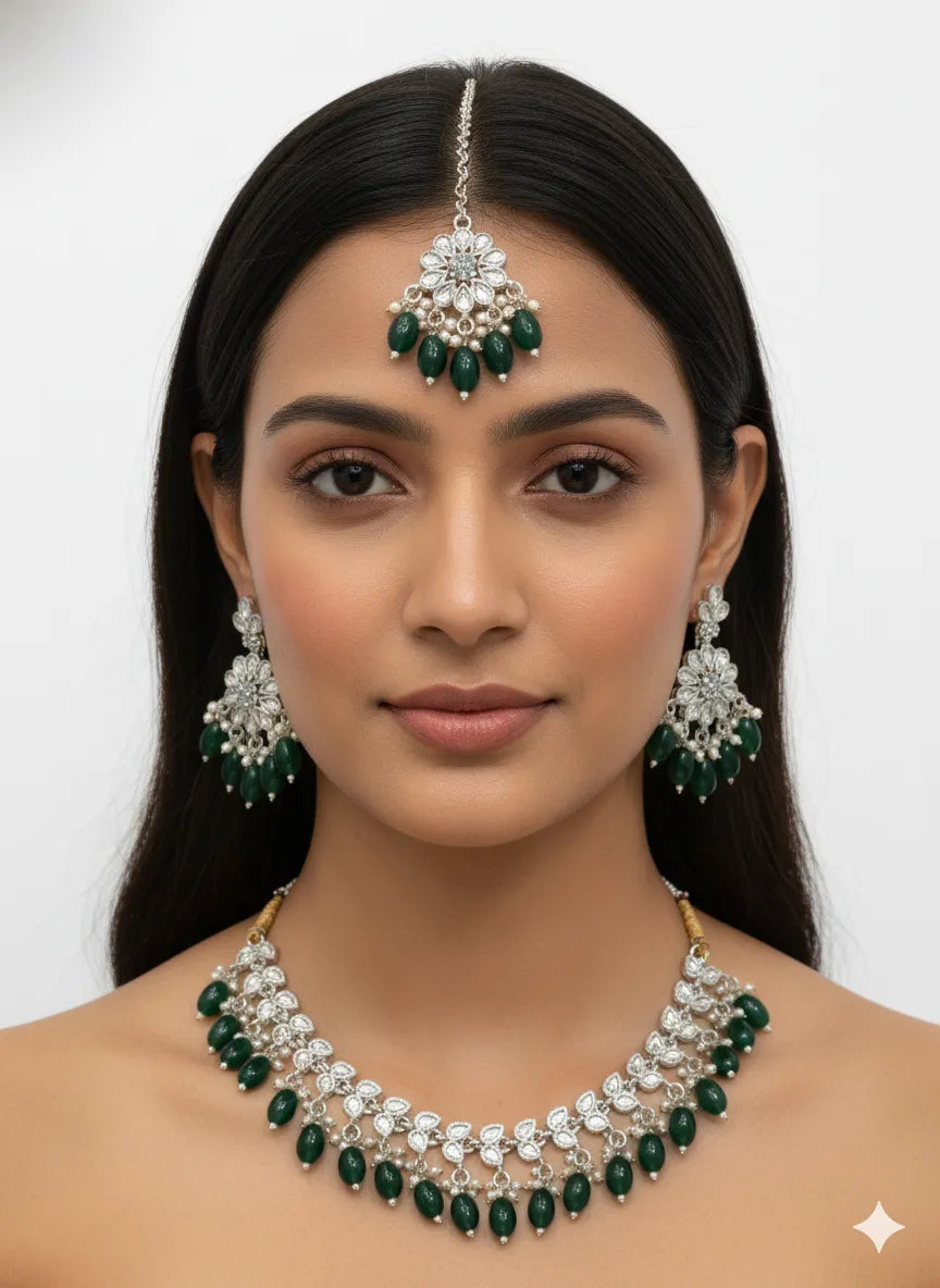 Emerald Radiance Kundan Necklace Set with Maang Tikka