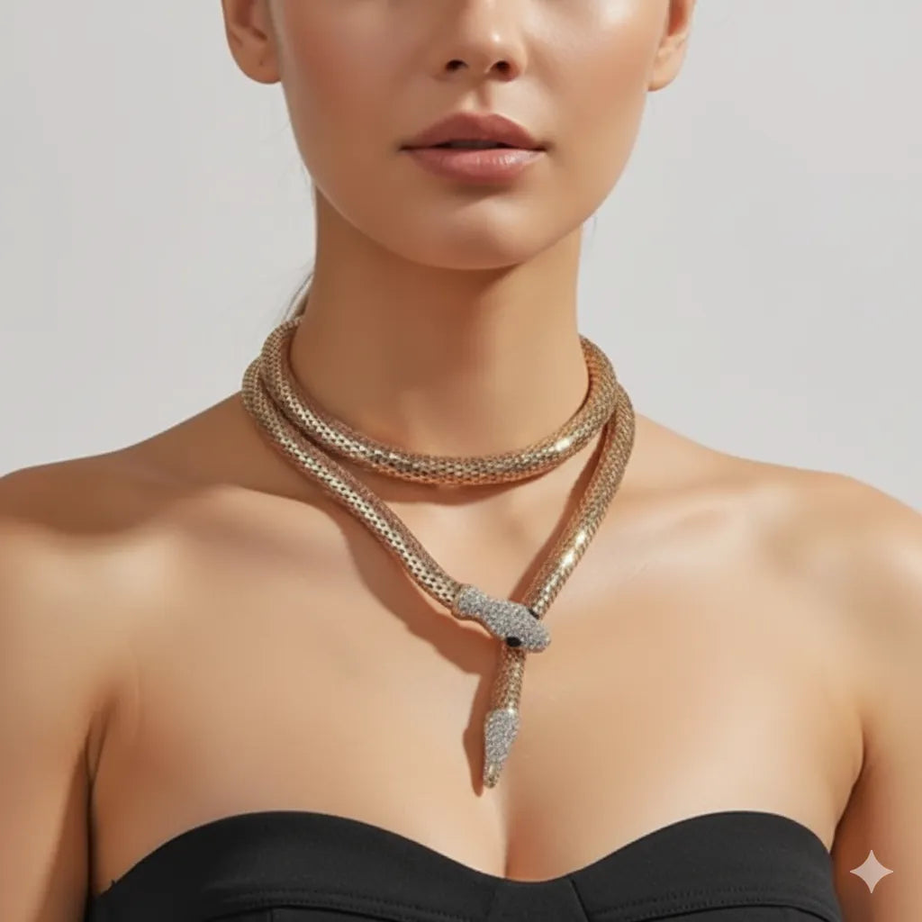 Golden Serpent Wrap Necklace with Crystal Accents