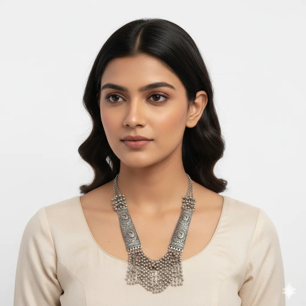 Regal Noor Oxidised Long Temple Necklace