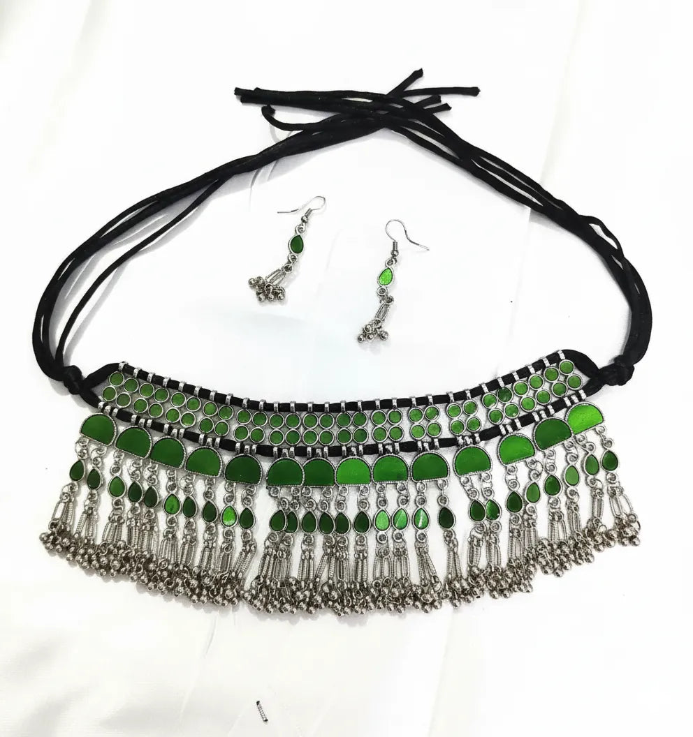Emerald Grace Oxidised Mirror Choker Set