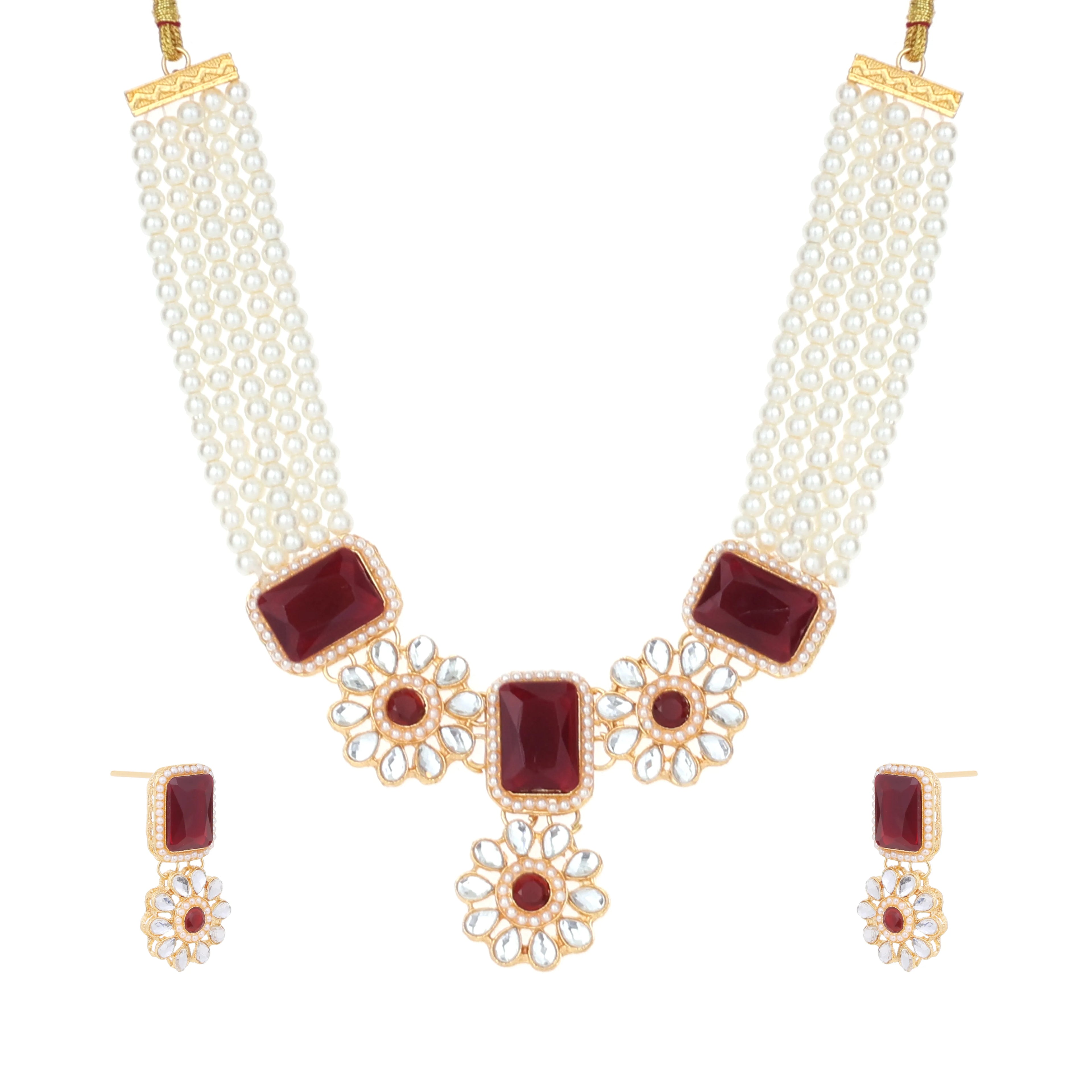 Regal Pearl & Kundan Floral Gemstone Necklace Set