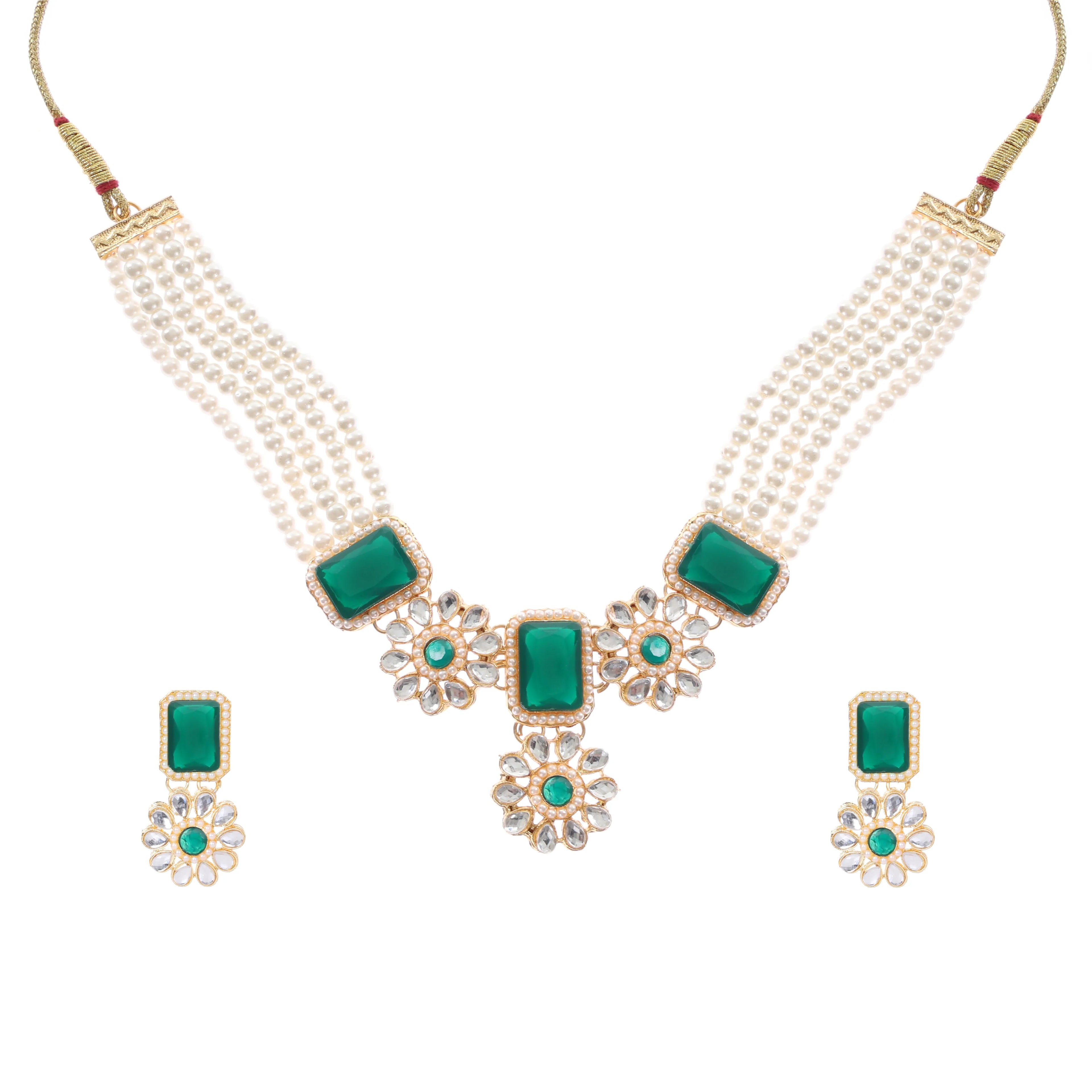 Regal Pearl & Kundan Floral Gemstone Necklace Set