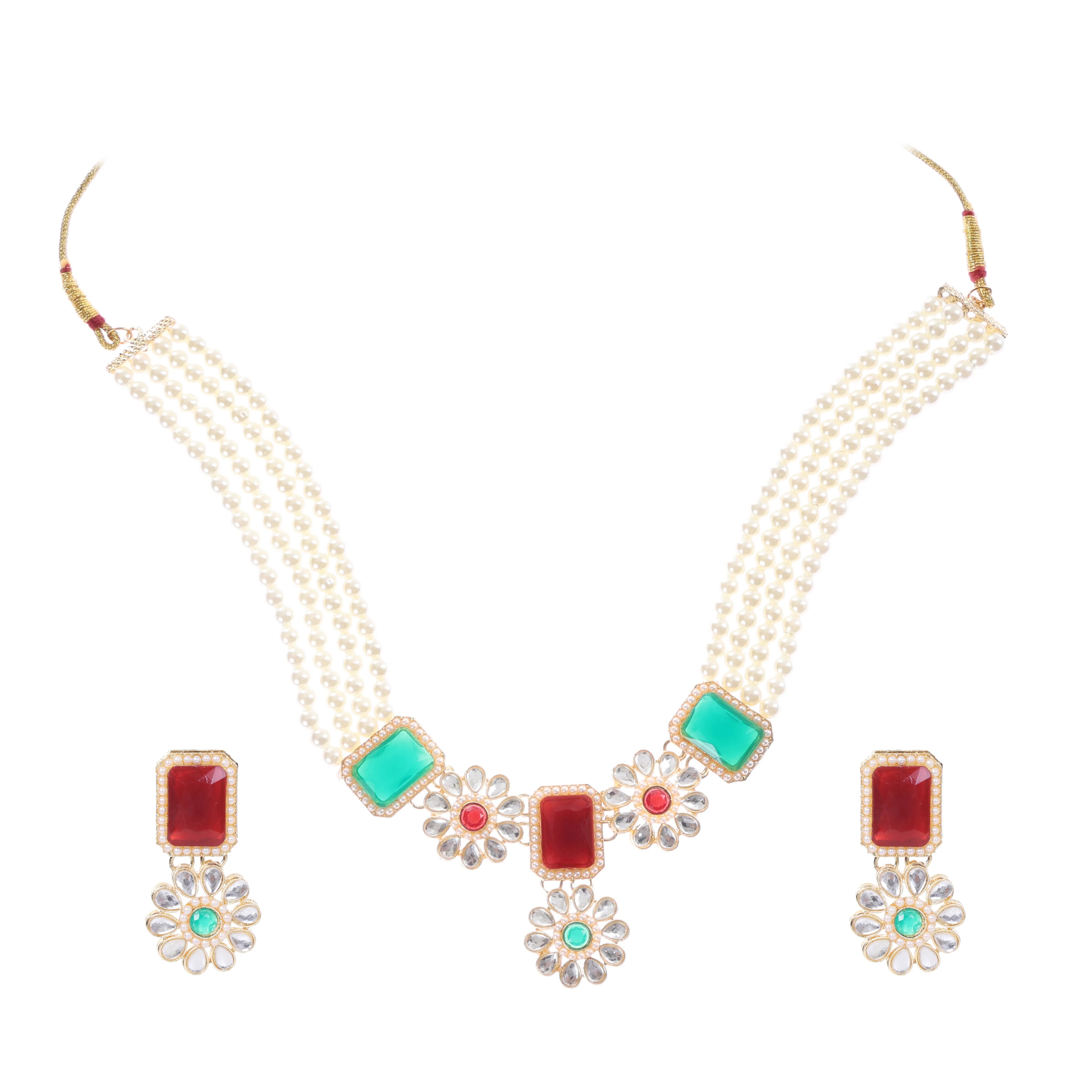 Regal Pearl & Kundan Floral Gemstone Necklace Set