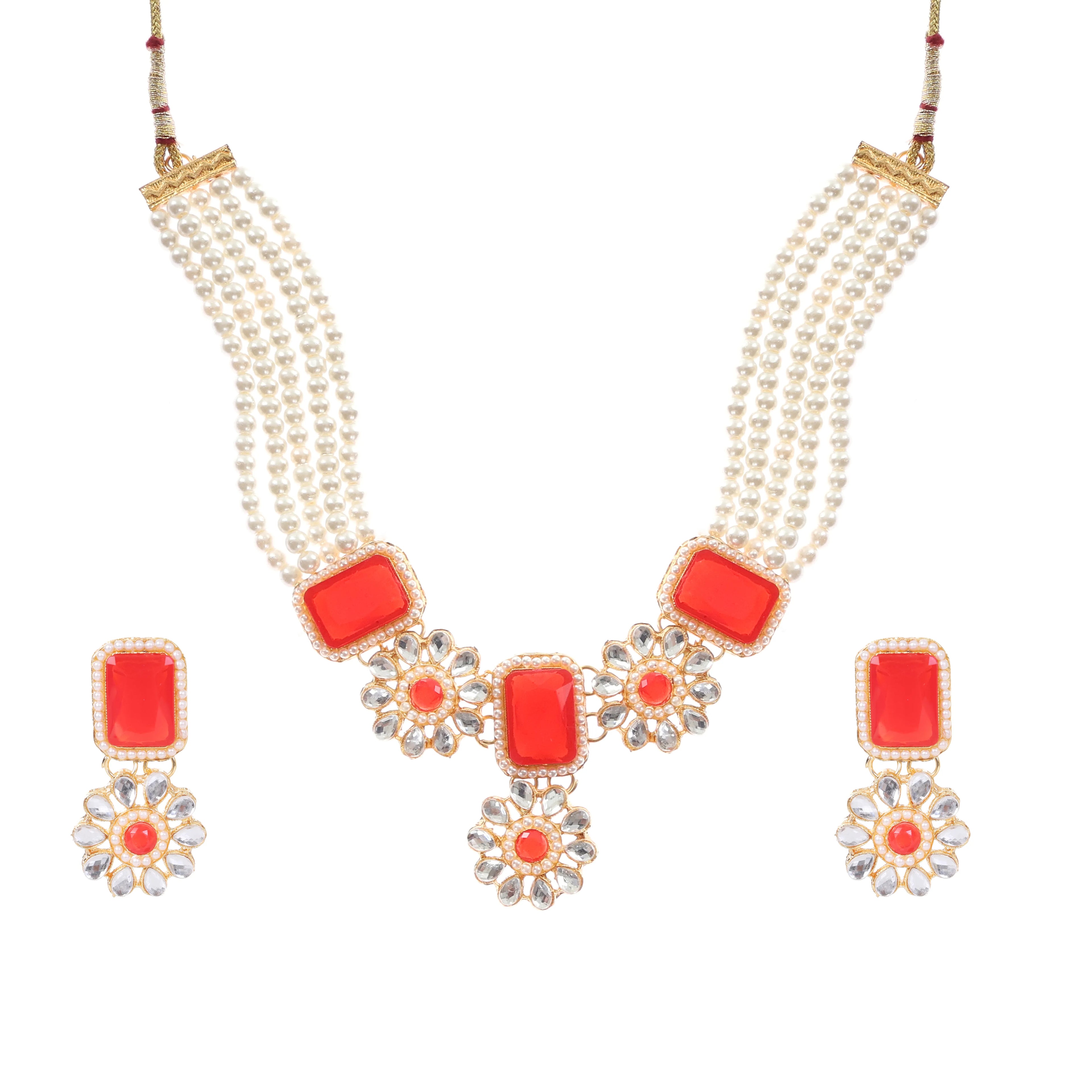Regal Pearl & Kundan Floral Gemstone Necklace Set