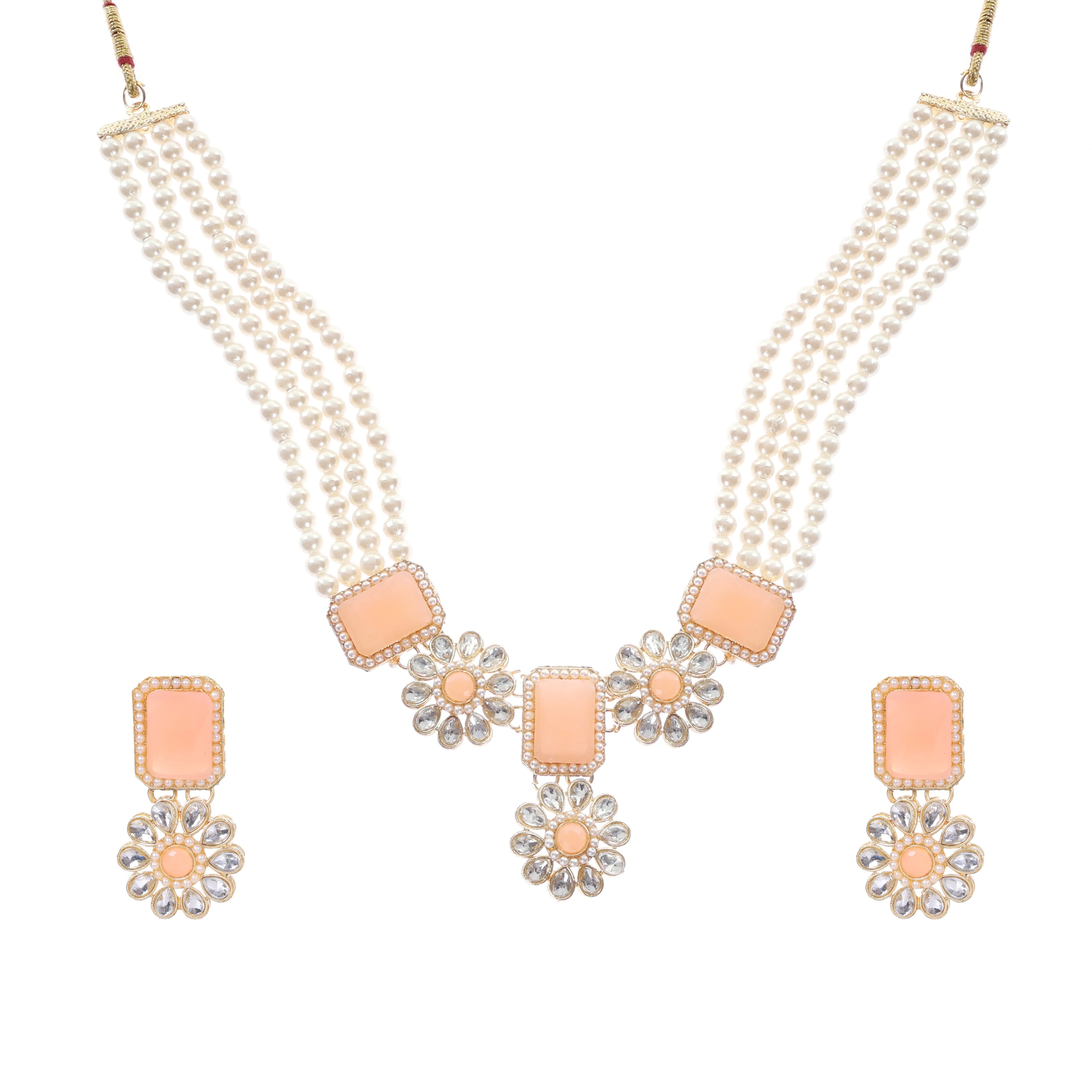 Regal Pearl & Kundan Floral Gemstone Necklace Set