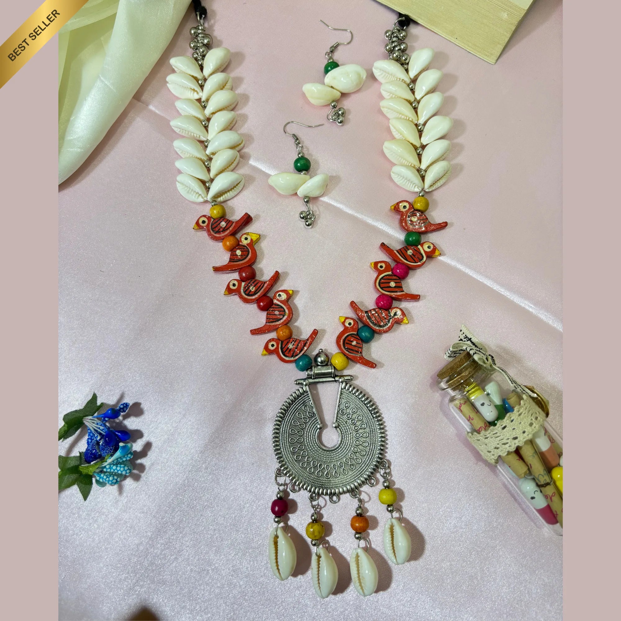 Boho Bird Charm Seashell Silver Necklace