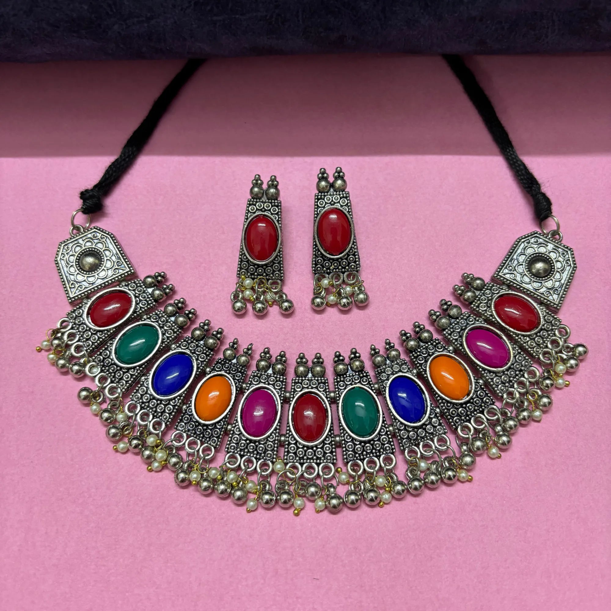 Royal Navratan Charm Silver Necklace Set