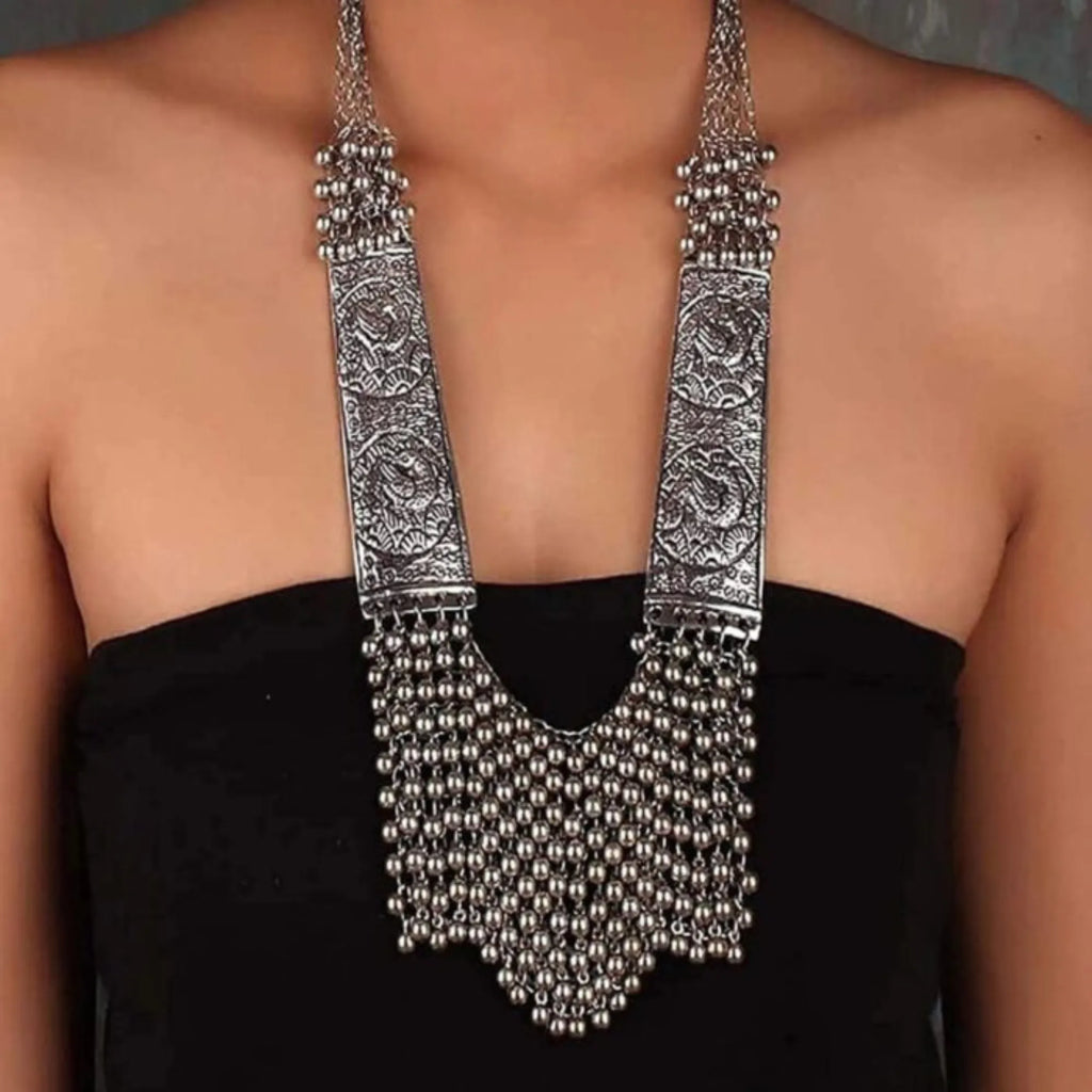 Regal Noor Oxidised Long Temple Necklace