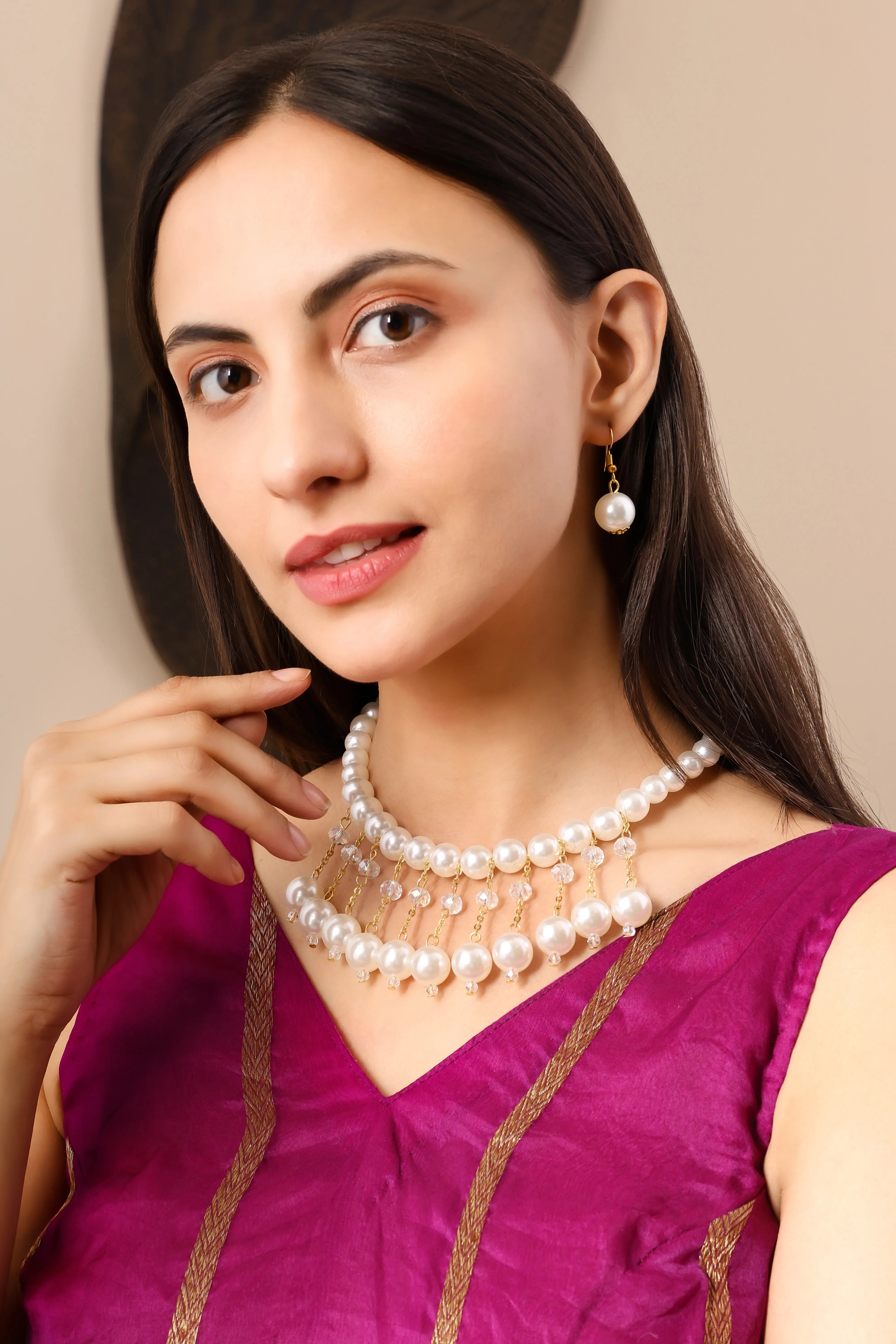 Pure Pearl Choker Necklace Set with Earrings