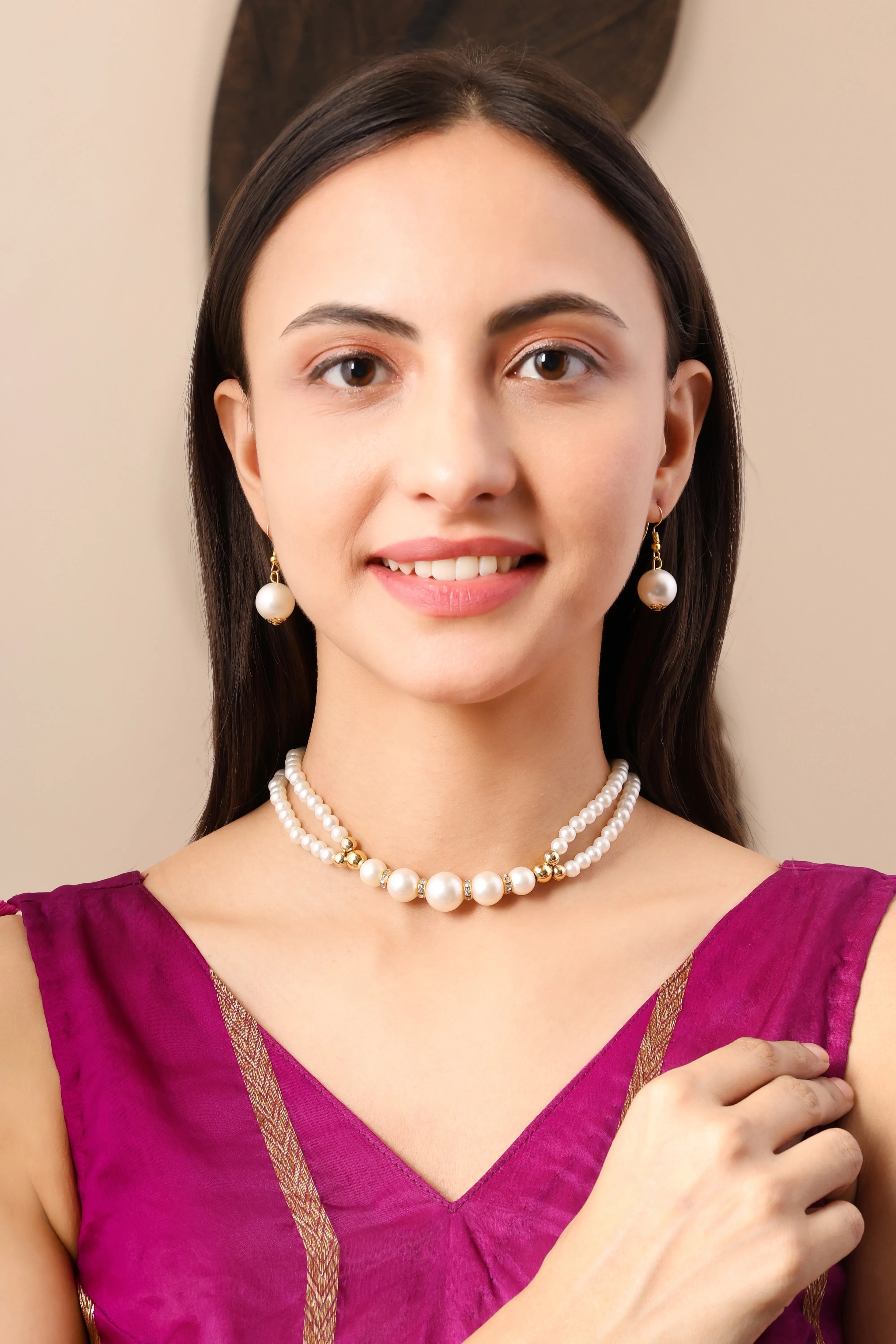 Elegant 2-Layer Pearl Necklace with Earrings