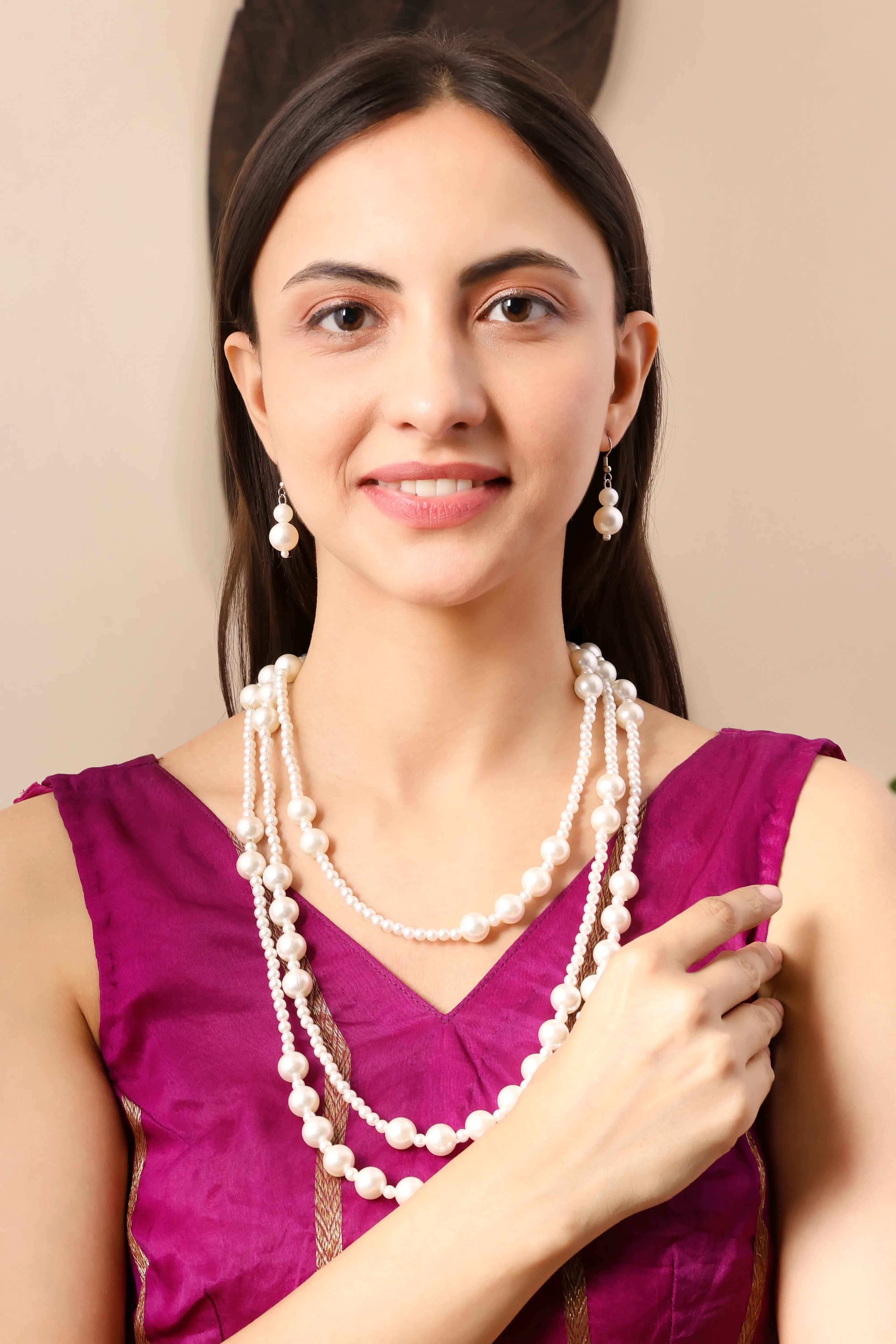 Triple Layer Pearl Necklace with Matching Earrings