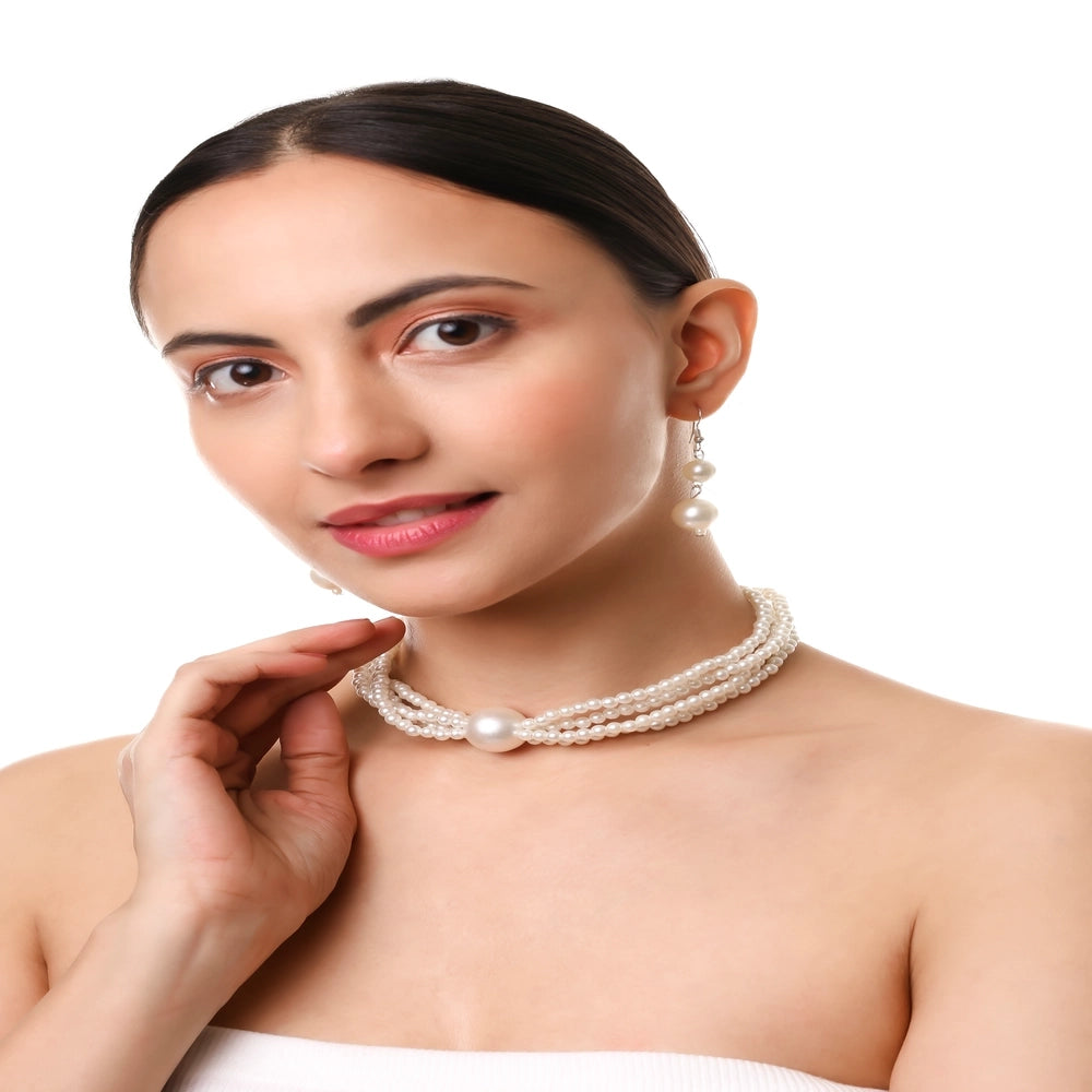 Graceful Pearl Choker Necklace with Earrings Set