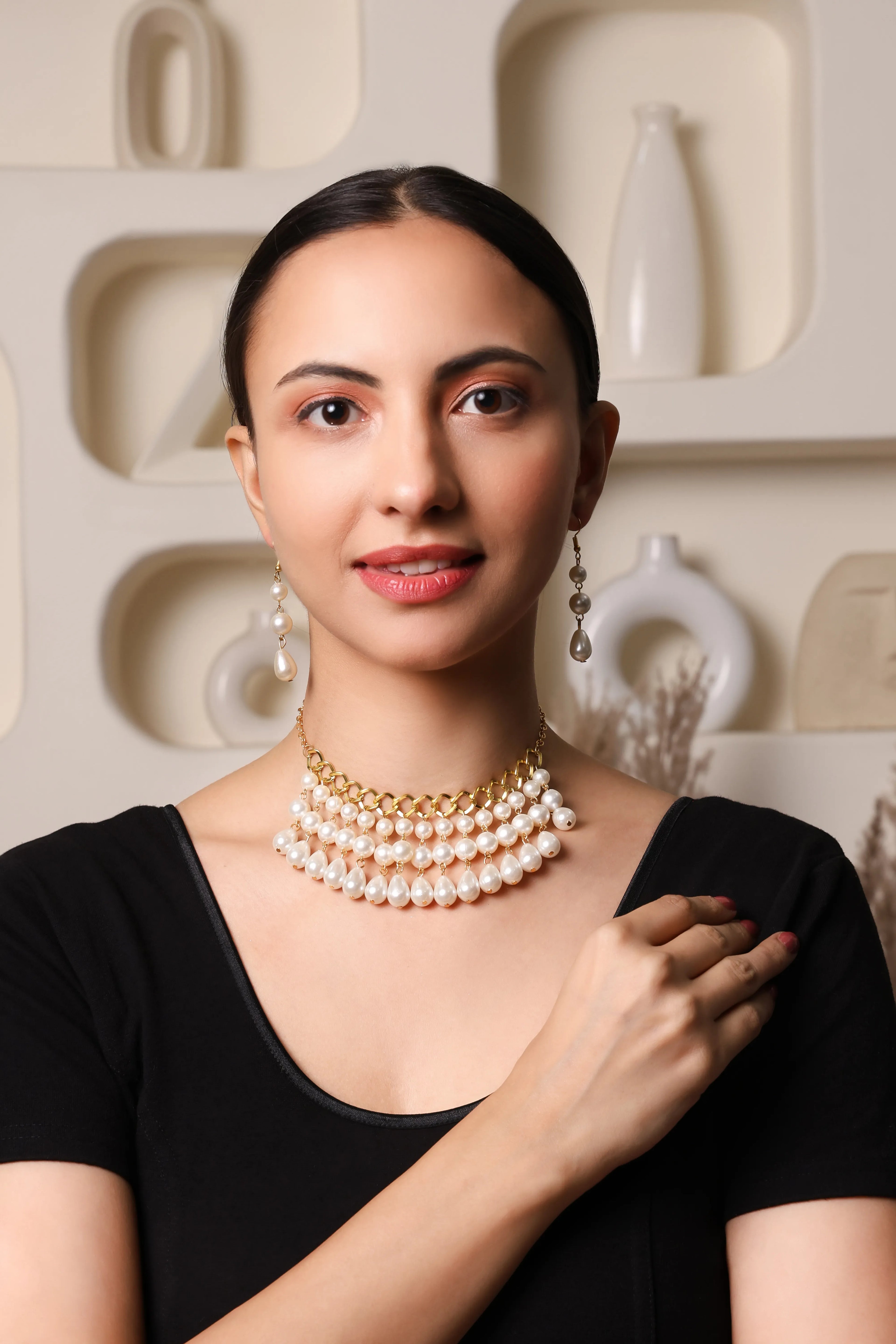 3 Layer Pearl Drop Choker Necklace with Gold Accents