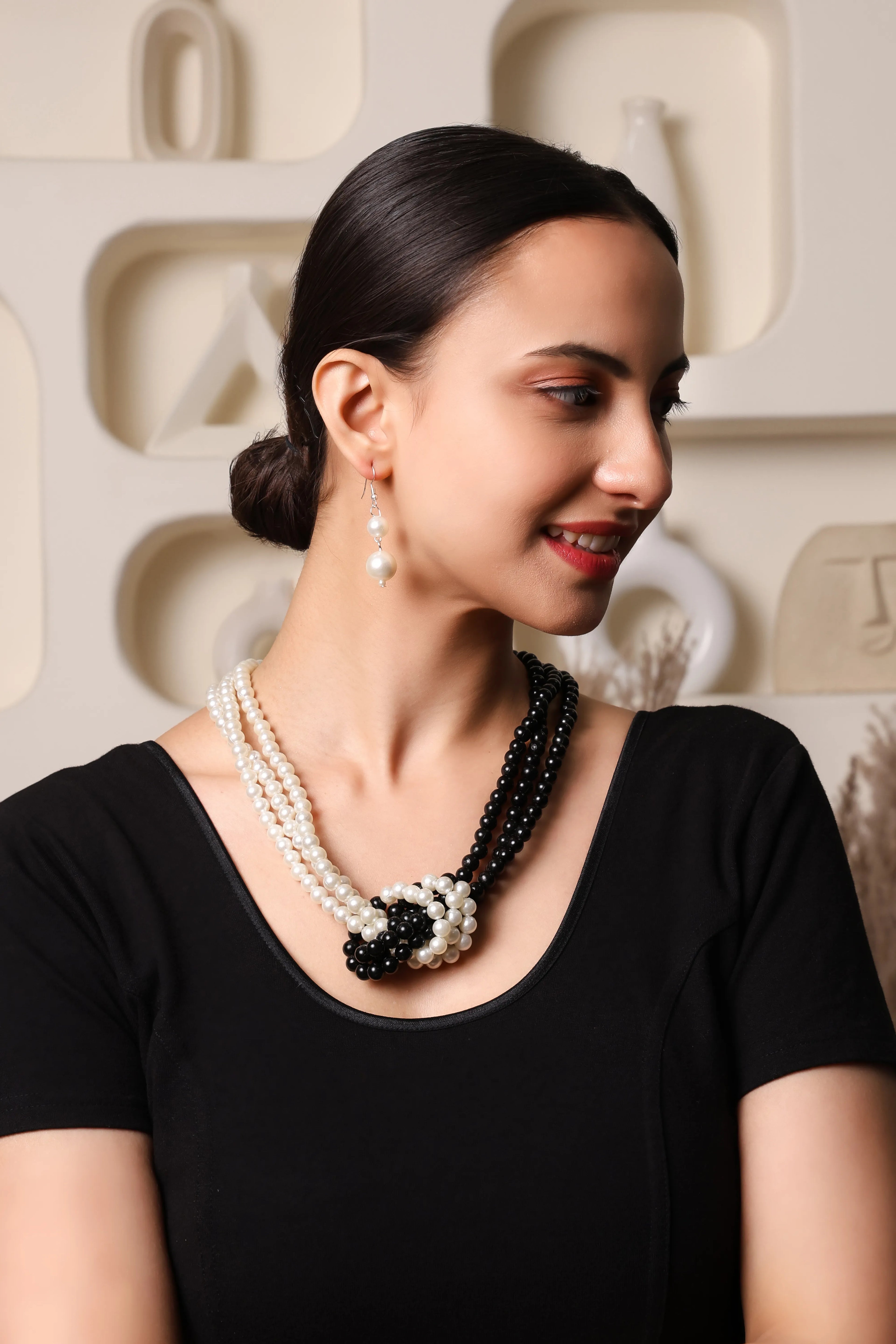 3 Layer Dual Tone Knotted Pearl Necklace