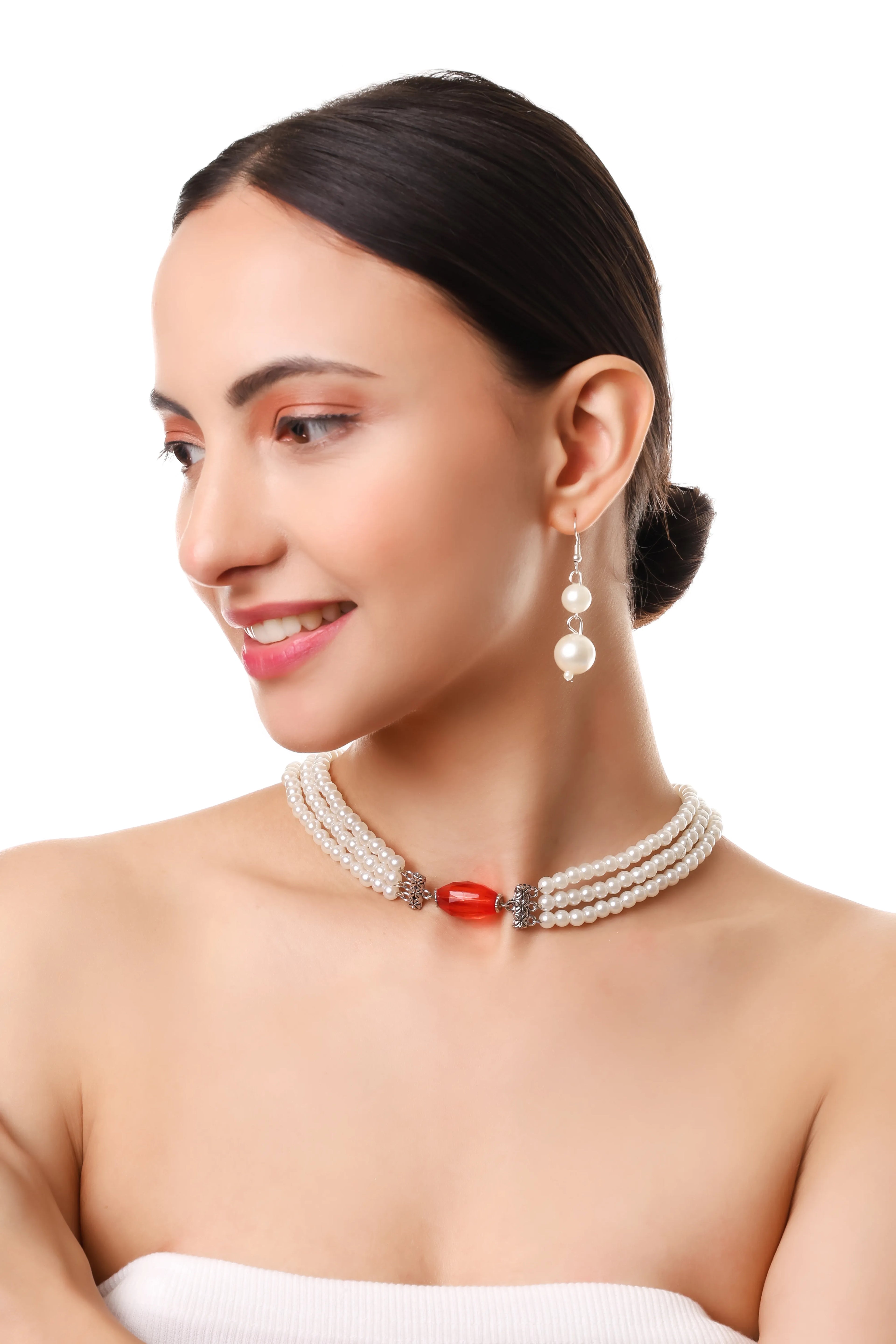3-Layered Red Crystal Stone Pearl Choker Set