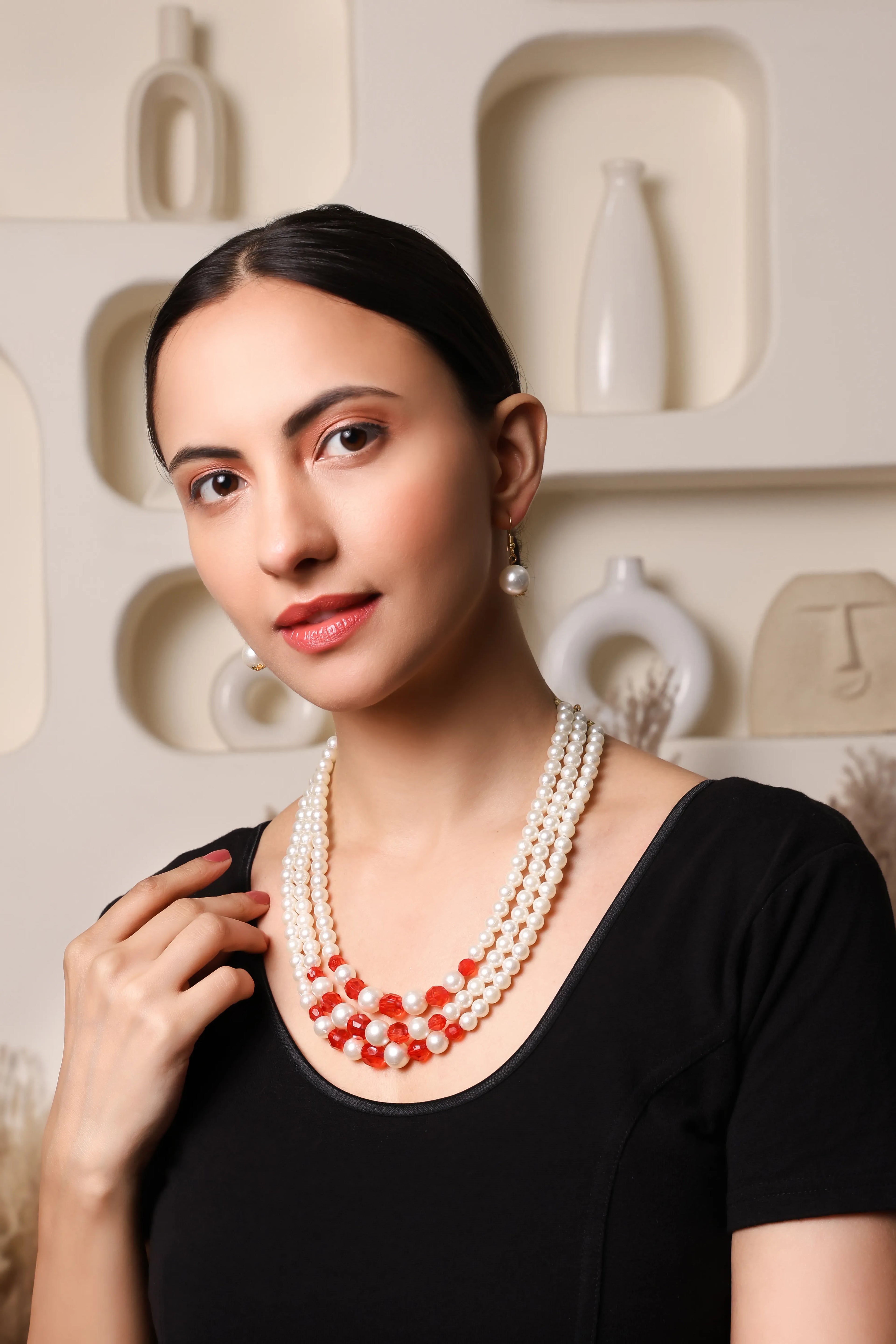 Coral Radiance Layered Pearl Beaded Necklace Set