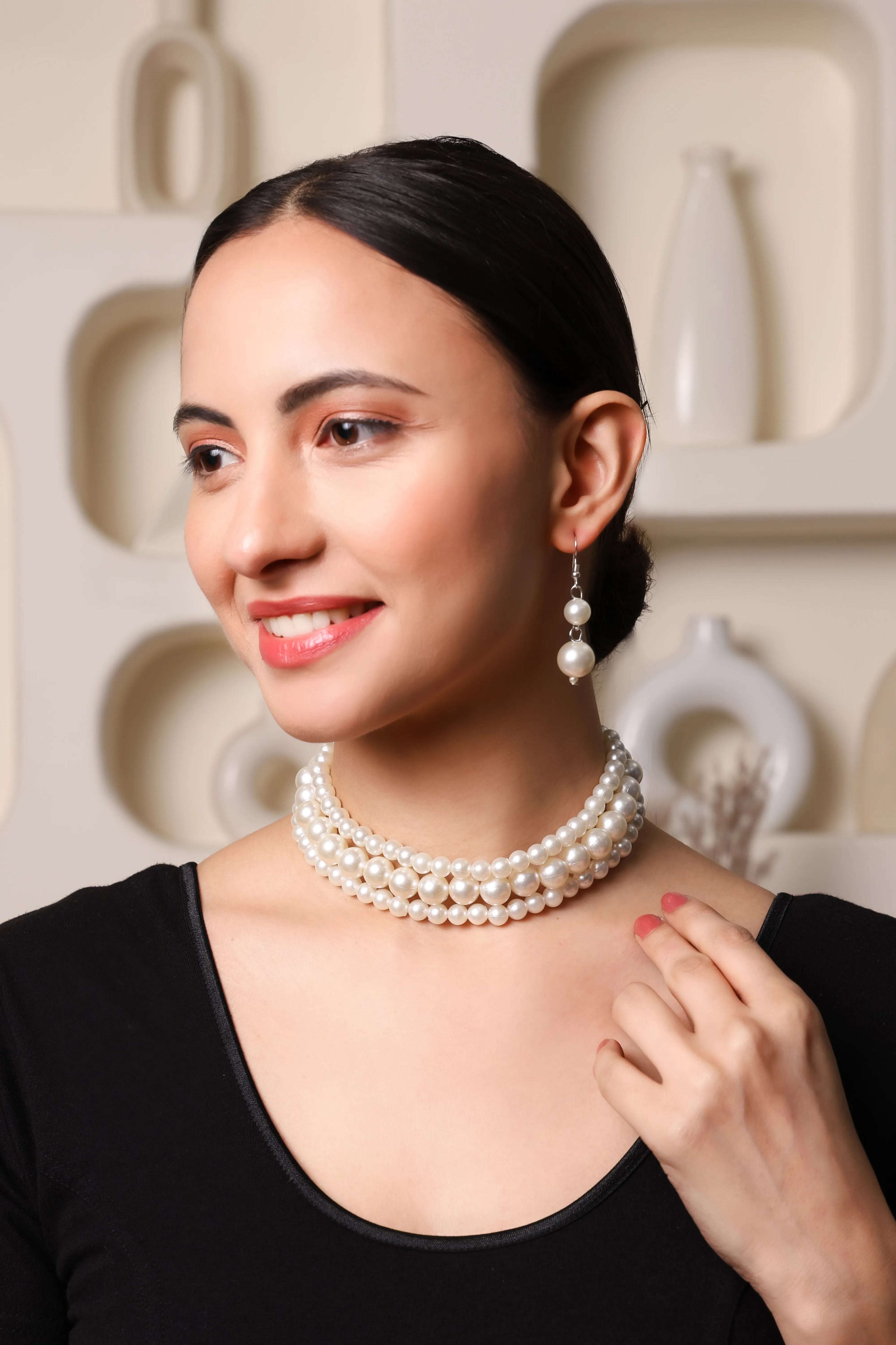 Elegant 3 layer Pearl Choker with Matching Earrings