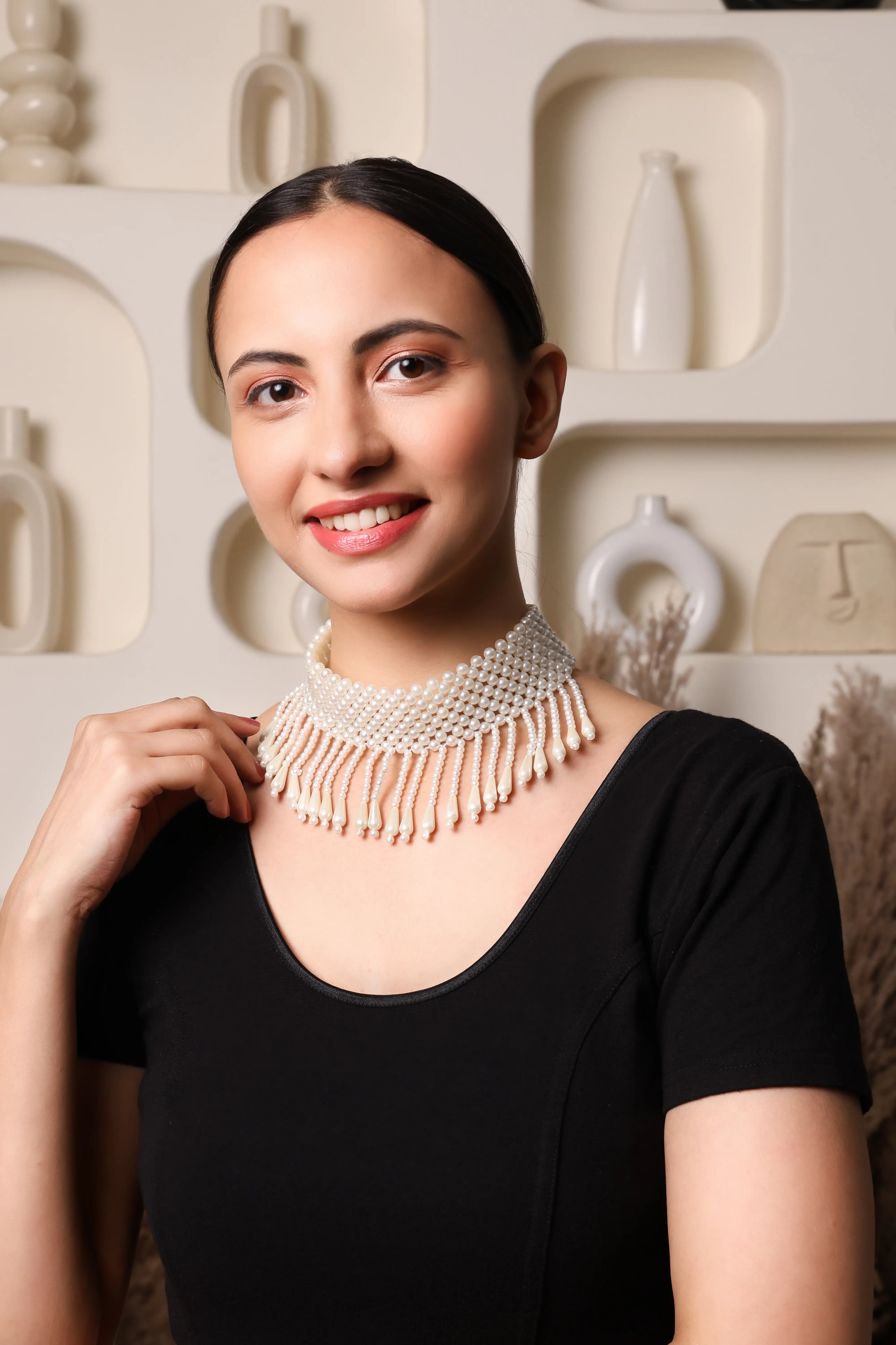 Royal Fringe Pearl Choker Necklace with Earrings