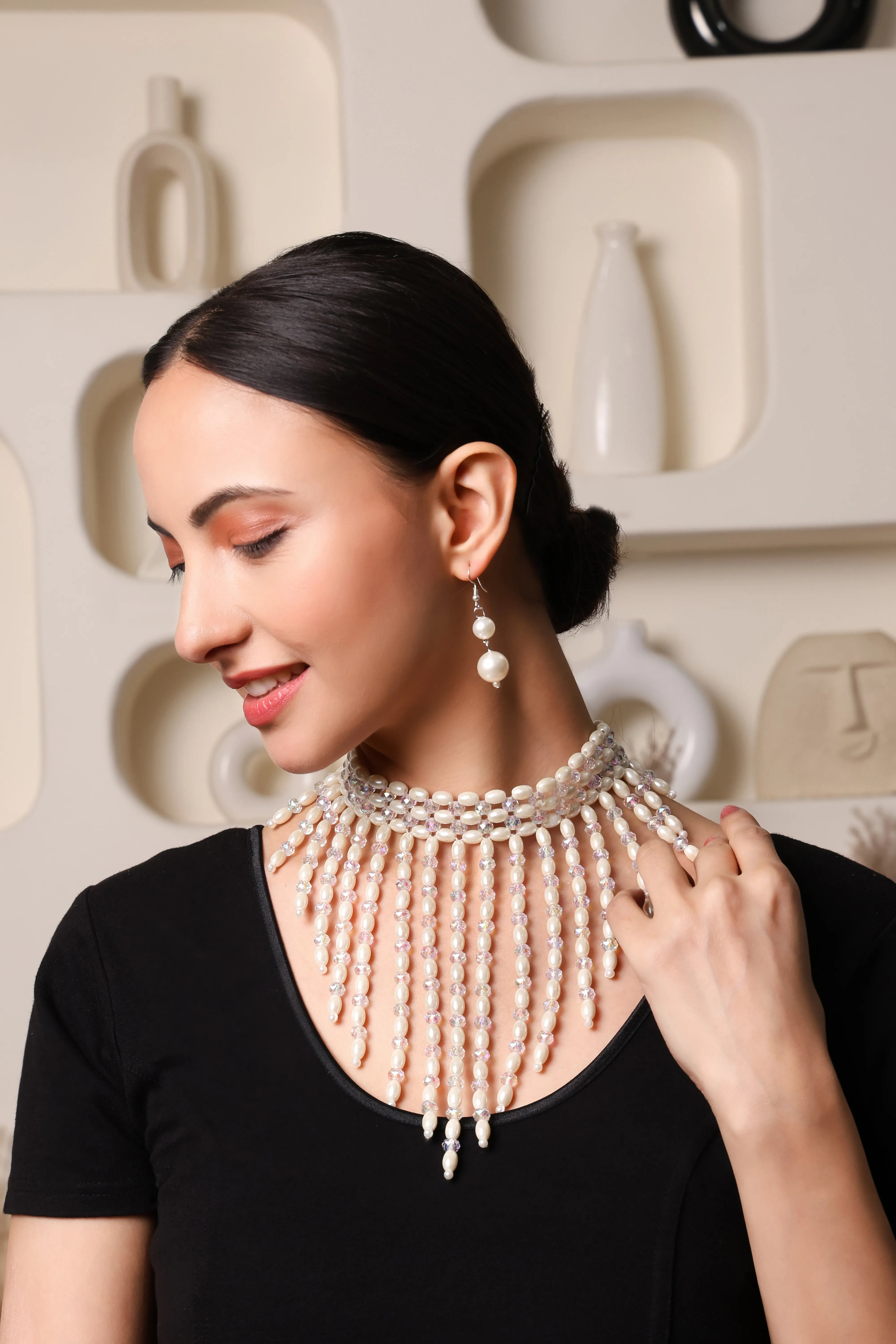 Graceful Radiance Pearl Fringe Choker Necklace Set