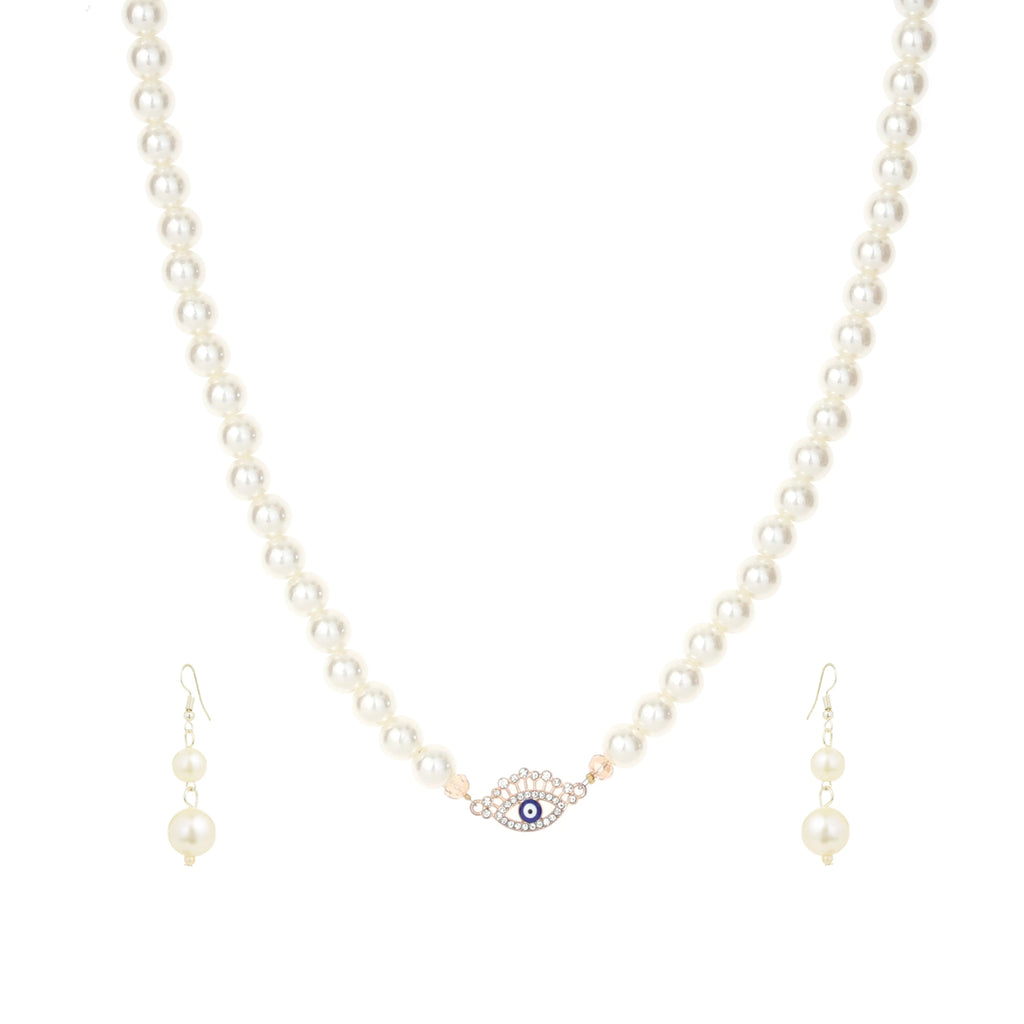 Classic Pearl Necklace with Golden Evil Eye Charm