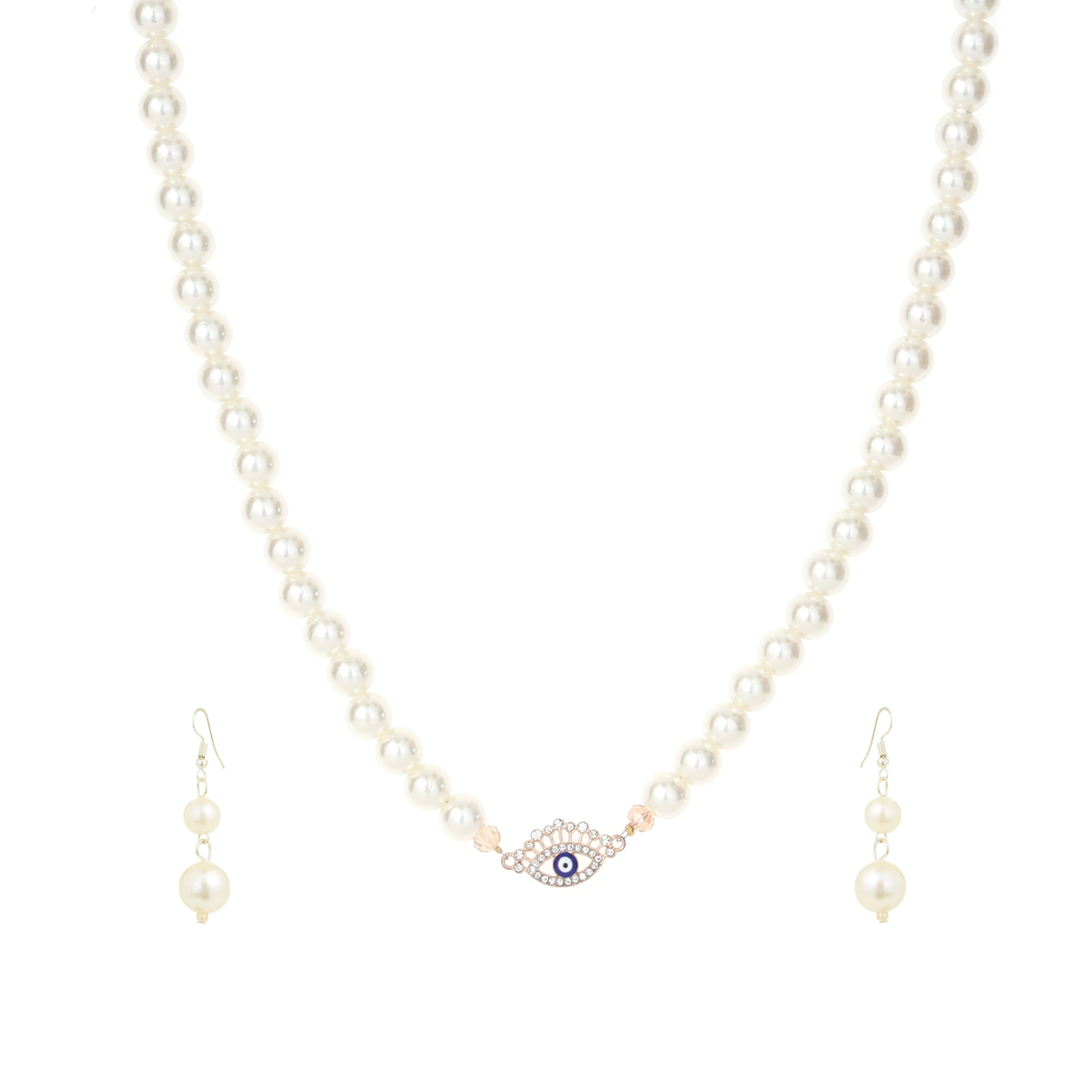 Classic Pearl Necklace with Golden Evil Eye Charm
