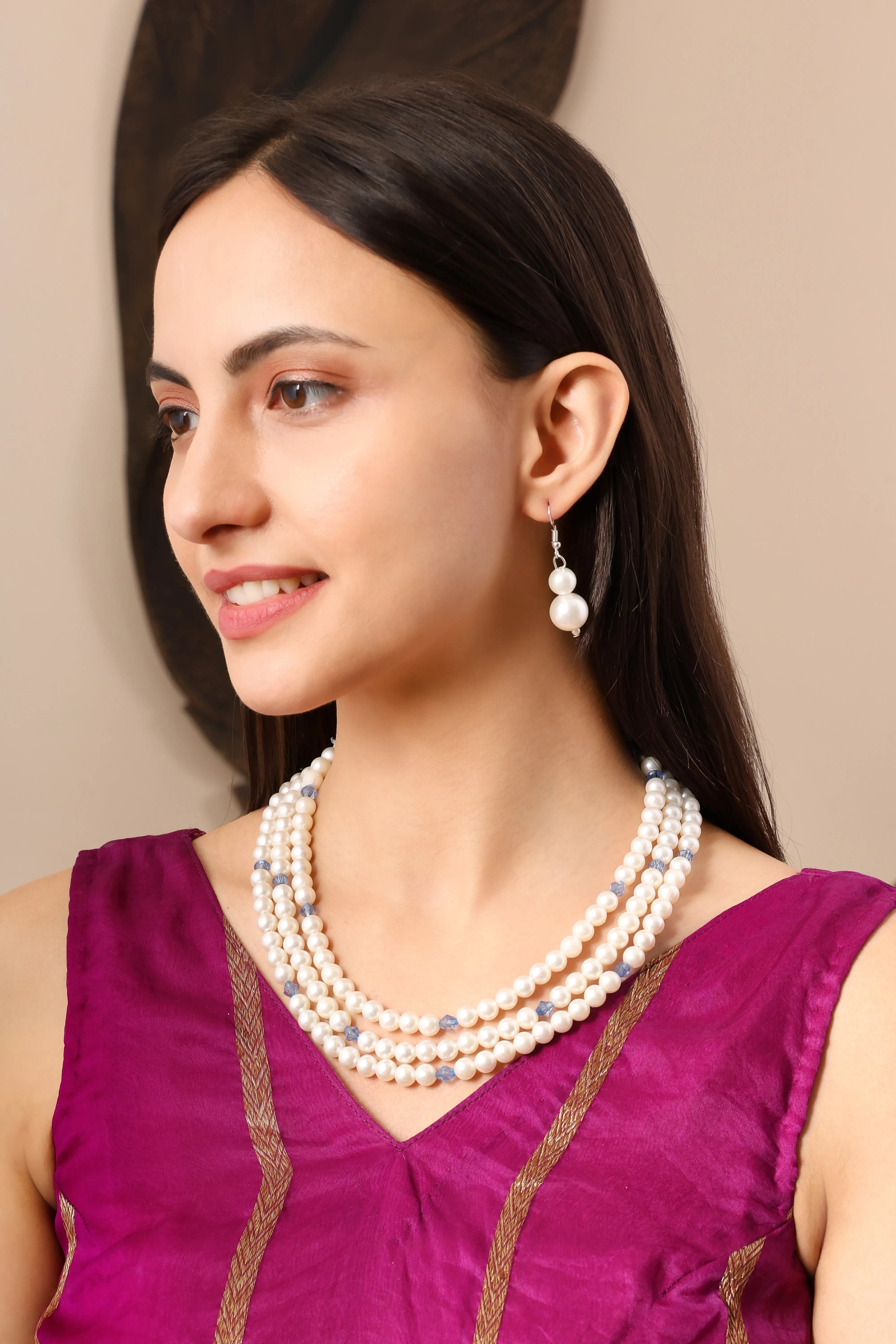 Blue Grace Triple-Layer Pearl Necklace Set
